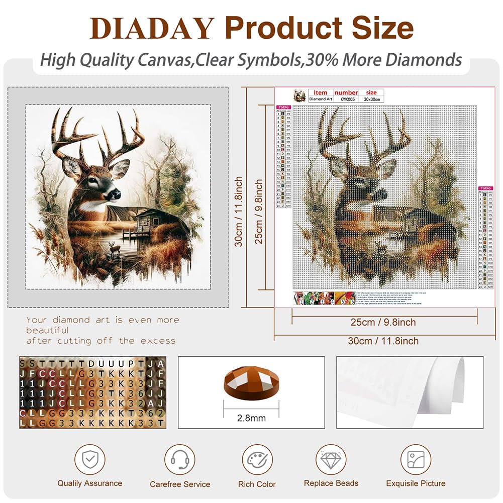 DIADAY Diamond Painting Kits Deer, DIY Diamond Art Kits for Adults Beginners, 5D Full Drill Round Gem Art Diamond Dots Craft Home Wall Decor Gift 12 x 12 Inches DIADAY