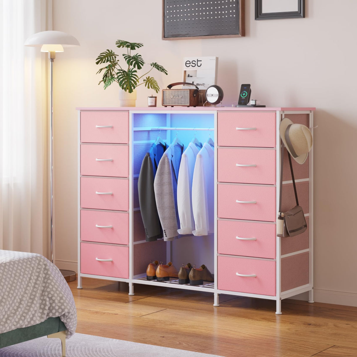 LUMTOK 2-in-1 Dresser with Hanging Rack, 10 Drawers Dresser for Bedroom,Dressers with Fabric Drawers,LED Lights, Charging Station and Hanging Racks for Bedroom (Pink) LUMTOK