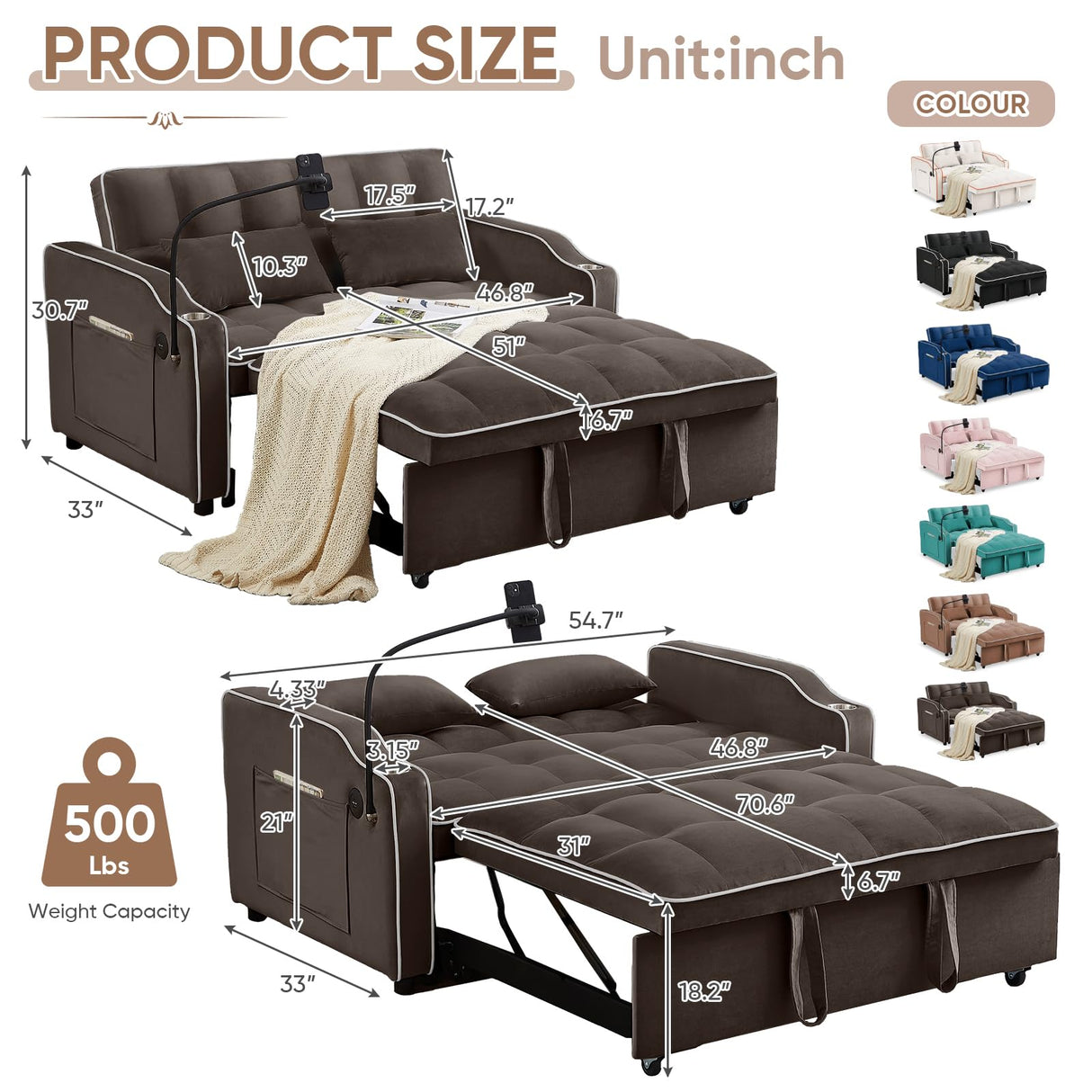 Sleeper Sofa Couch Bed with USB & Type C Port, Modern 3-in-1 Convertible Velvet Pull Out Loveseat Futon Sofa w/Phone Holder/Cup Holder for Living Room Apartment, Adjustable Backrest, Coffee Antetek