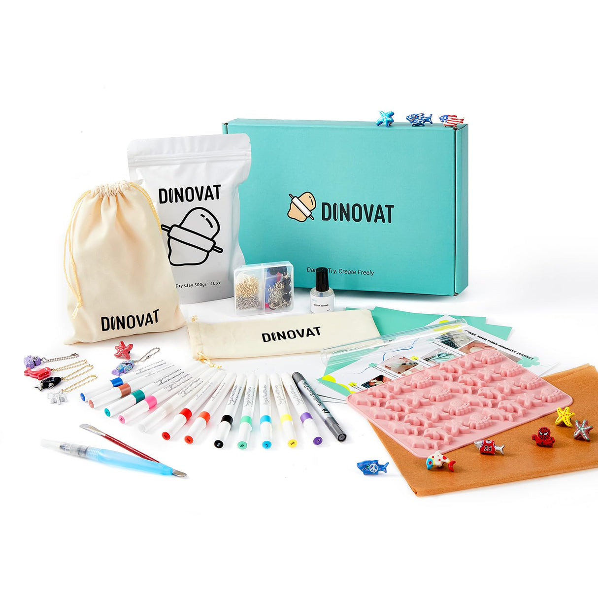 DINOVAT Air Dry Clay Pottery Kit for Adults - DIY Craft Kit Includes:500gClay, 13 Acrylic Paint Pens,Clay Mold,GlossVarnish,Tools & Step-by-Step – Perfect for Pendants, Brooches DINOVAT