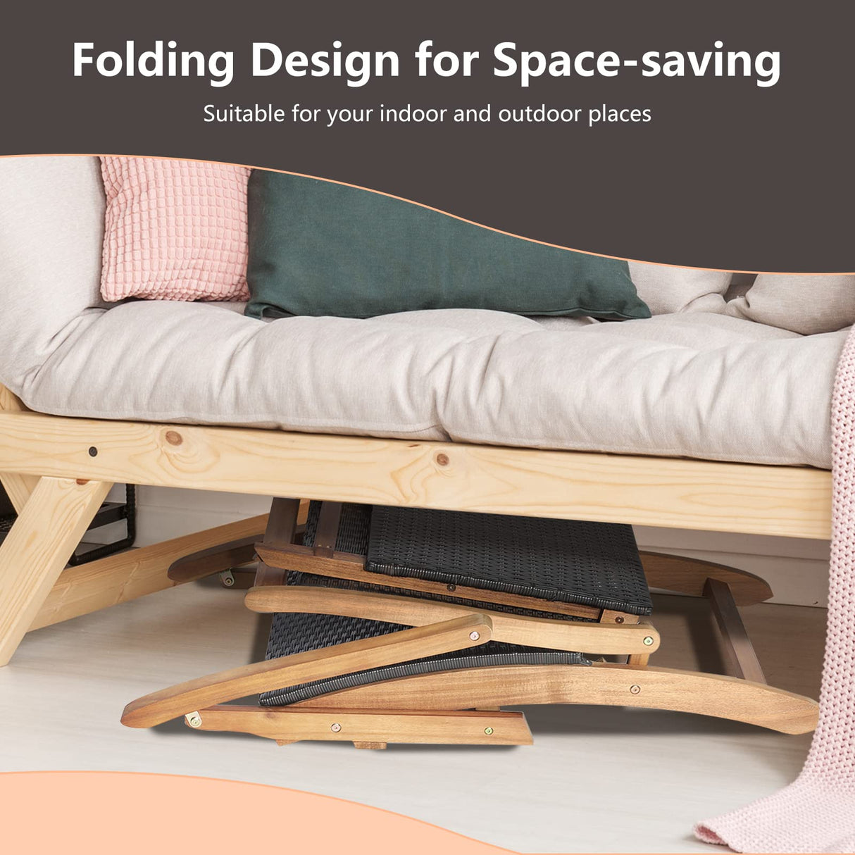 HAPPYGRILL Lounge Chair Table Set Outdoor Acacia Wood Lounge Chair with Wicker Side Table Folding Chaise Lounge with Retractable Ottoman for Garden Balcony Poolside HAPPYGRILL