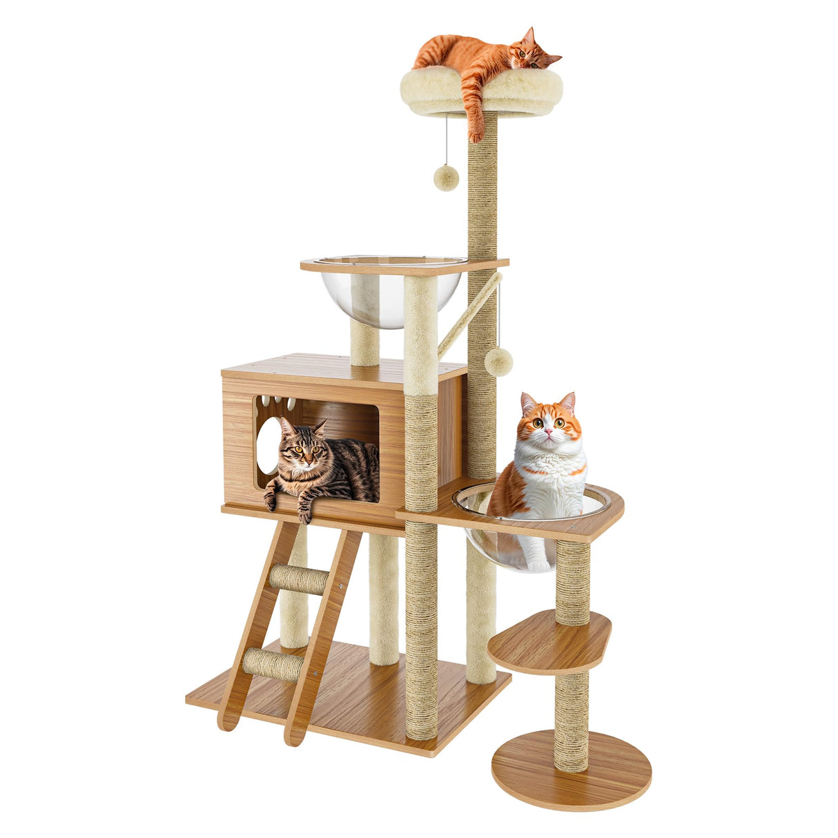55'' Wood Cat Tree Modern Multi-Level Cat Tree Tower for Indoor Small & Large Cats with 2 Space Capsules Sisal Scratching Post Wooden Cat Condo Plush Top Perch and Dangling Toy Balls OUTGOODS