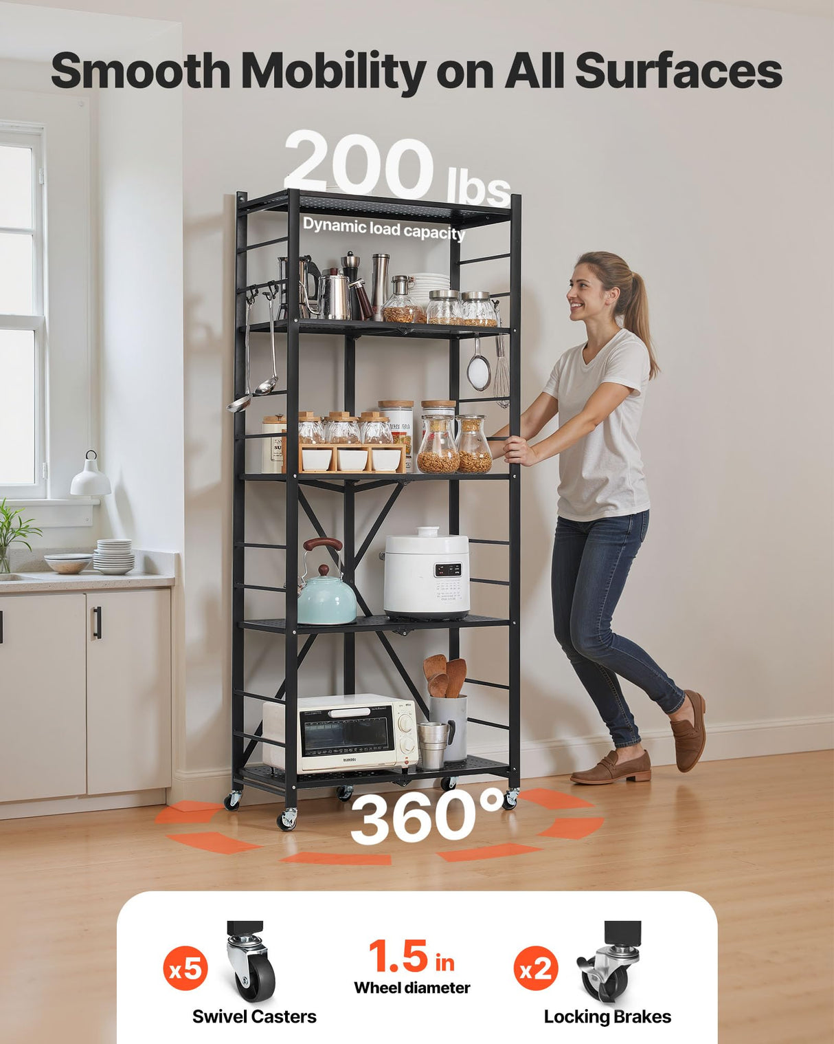VEVOR 5-Tier Foldable Storage Shelf, 28W x 13D x 66H Inch Folding Metal Rack Shelving Unit, No Assembly Organizer Shelf with 5 Wheels & 4 Hooks for Pantry, Kitchen, Garage, Basement, Black VEVOR