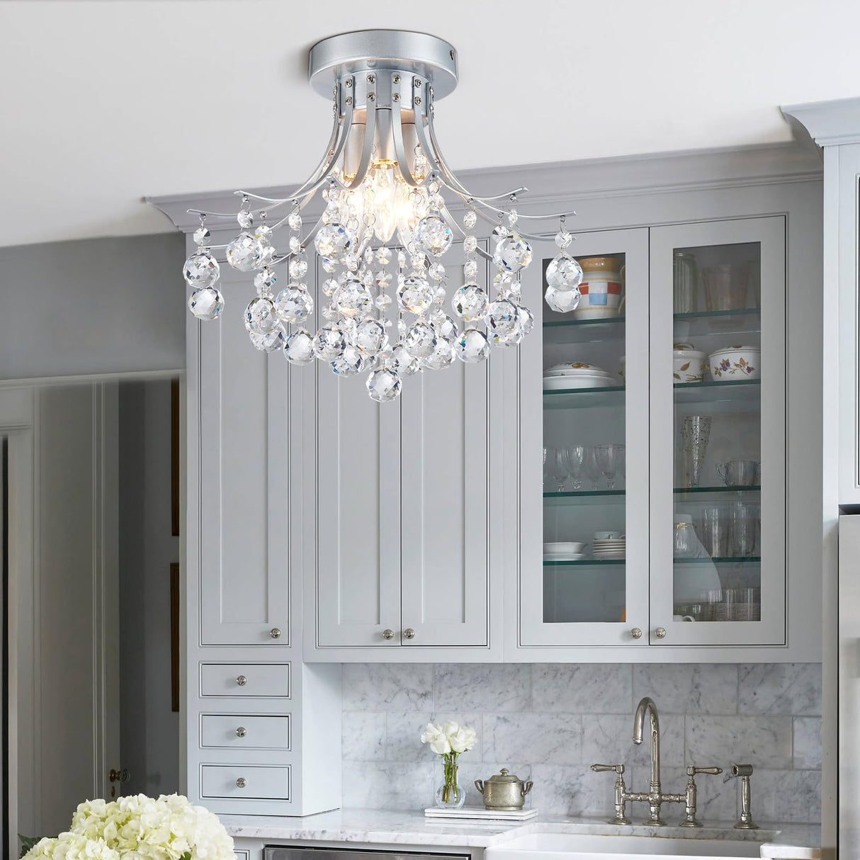 Bestier Modern Silver Crystal Semi-Flush Mount Chandelier Lighting Ceiling Light Fixture Lamp for Diningroom Bathroom Bedroom Livingroom 3 E12 Bulbs Required D13.5 inch X H11.6 inch Bestier