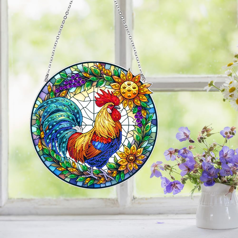 Ceitura 5D DIY Sunrise Rooster Diamond Art Painting Dots Pendant Stained Glass Rhinestone Diamond Art Window Pendants for Garden Window Decor C'eitura