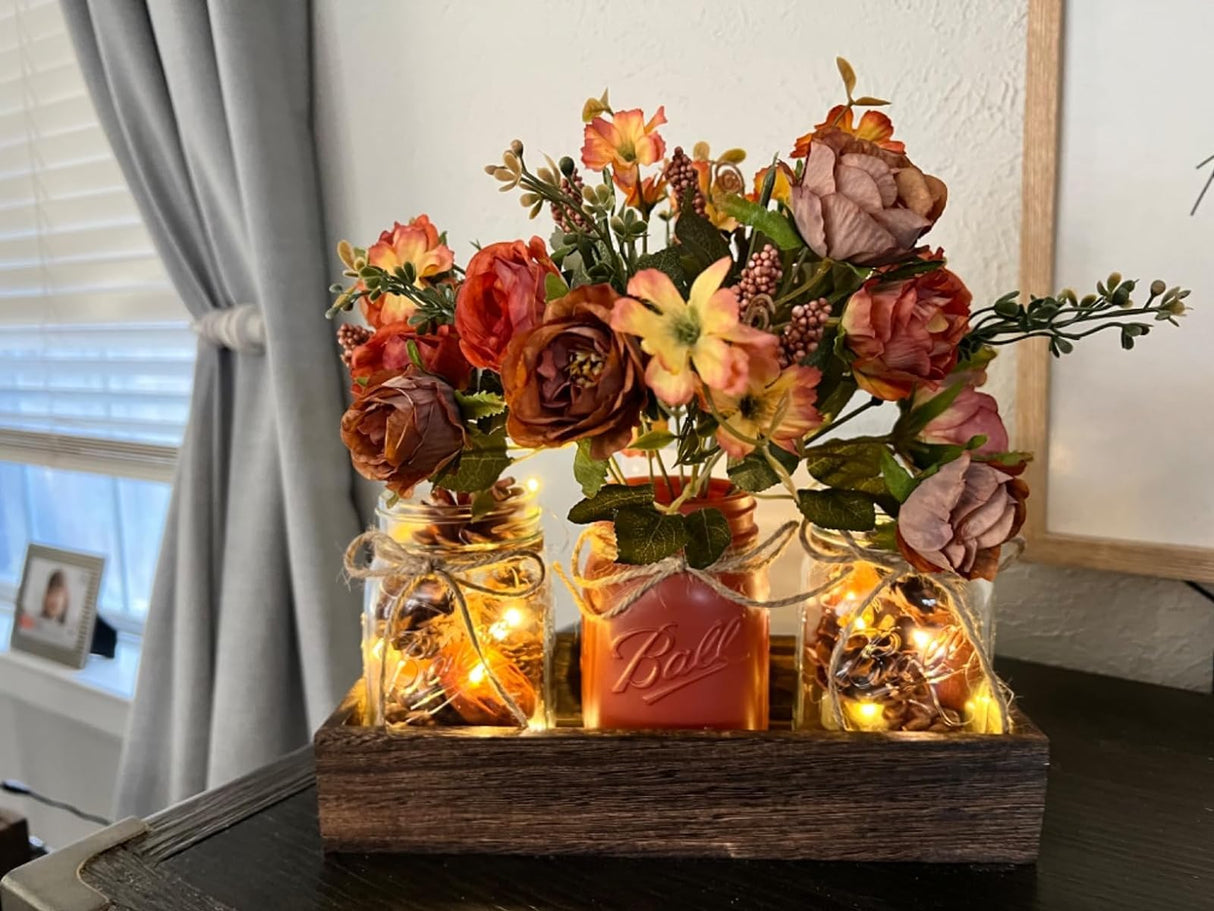DUOER 3 Pcs Mason Jar Centerpiece Table Decorations for Dining Table Decor Farmhouse Coffee Table Decor with Wood Tray and Led Light Table Centerpieces for Dining room Kitchen Living Bathroom,Orange DUOER