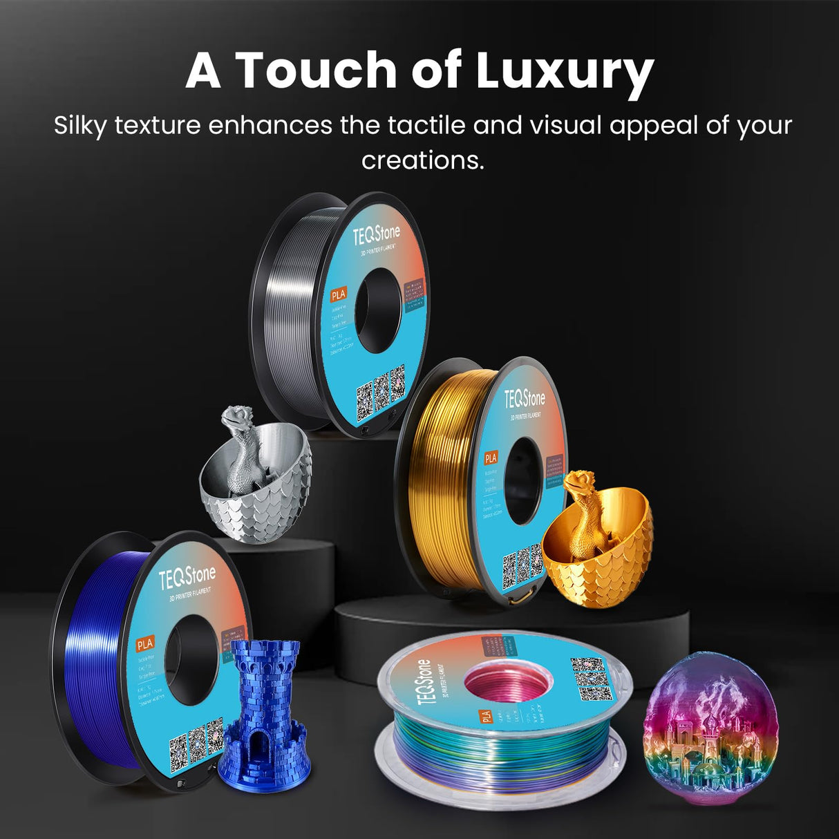 TEQStone Silk PLA Filament 1.75mm Gold 1KG, Metallic Shine High Gloss Finish Perfectly Wound, Accuracy +/-0.02mm 3D Printer Filament Vacuum Packaging TEQStone