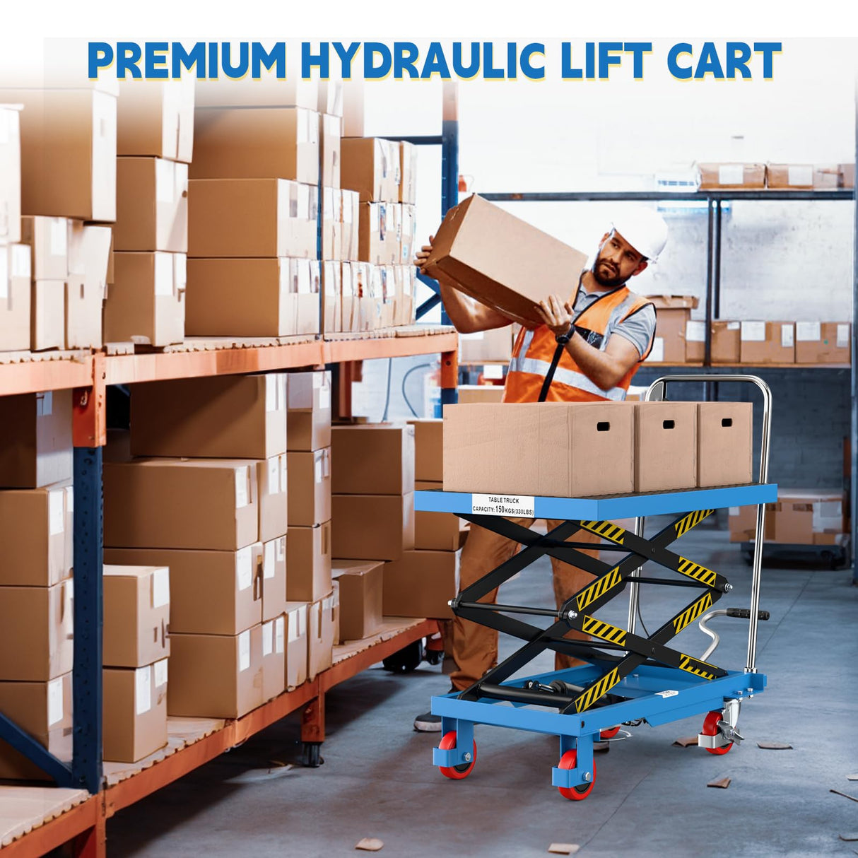 Hydraulic Lift Table Cart, Double Scissor Lift, 330 Lbs Capacity, 50" Height with Non-Slip Pad, 4 Safety Bumper PU Wheels, Ideal for Home, Garage, Supermarket, Factory, Warehouse, Construction Sturdon