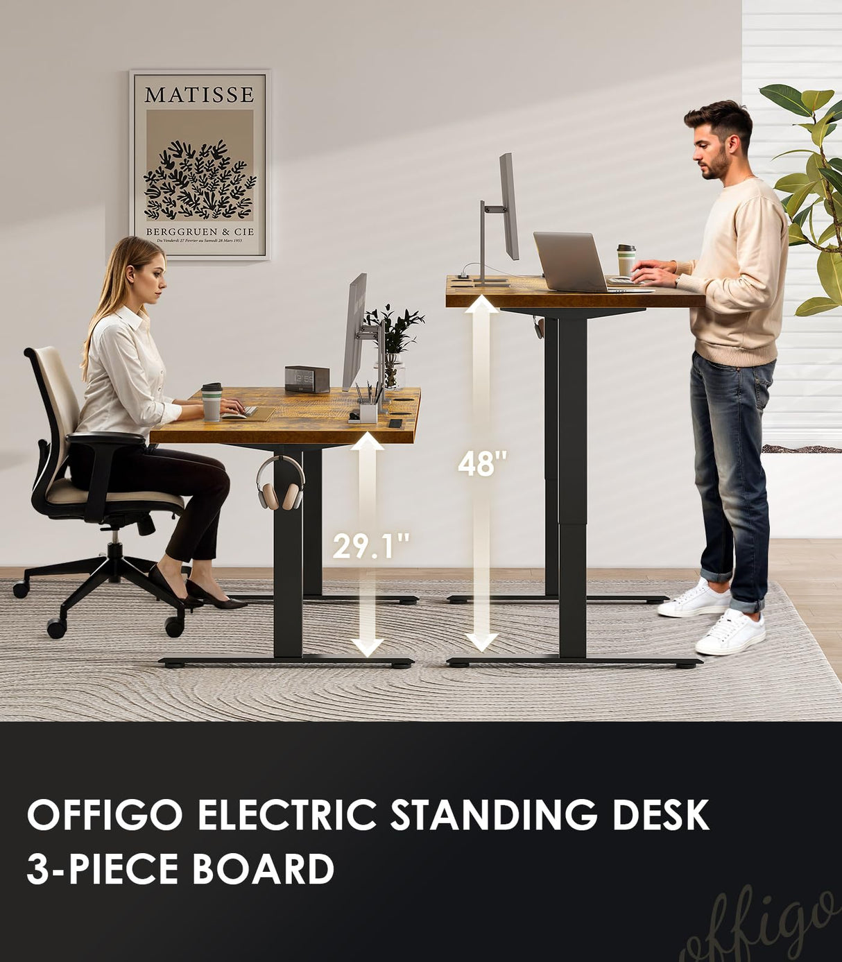 OffiGo Electric Standing Desk with 3-Piece Board, 71 Inch Height Adjustable Large Desk with Power Outlets, Sit Stand Table, Writing Computer Desk for Home, Office, Workstation, Rustic Brown OffiGo