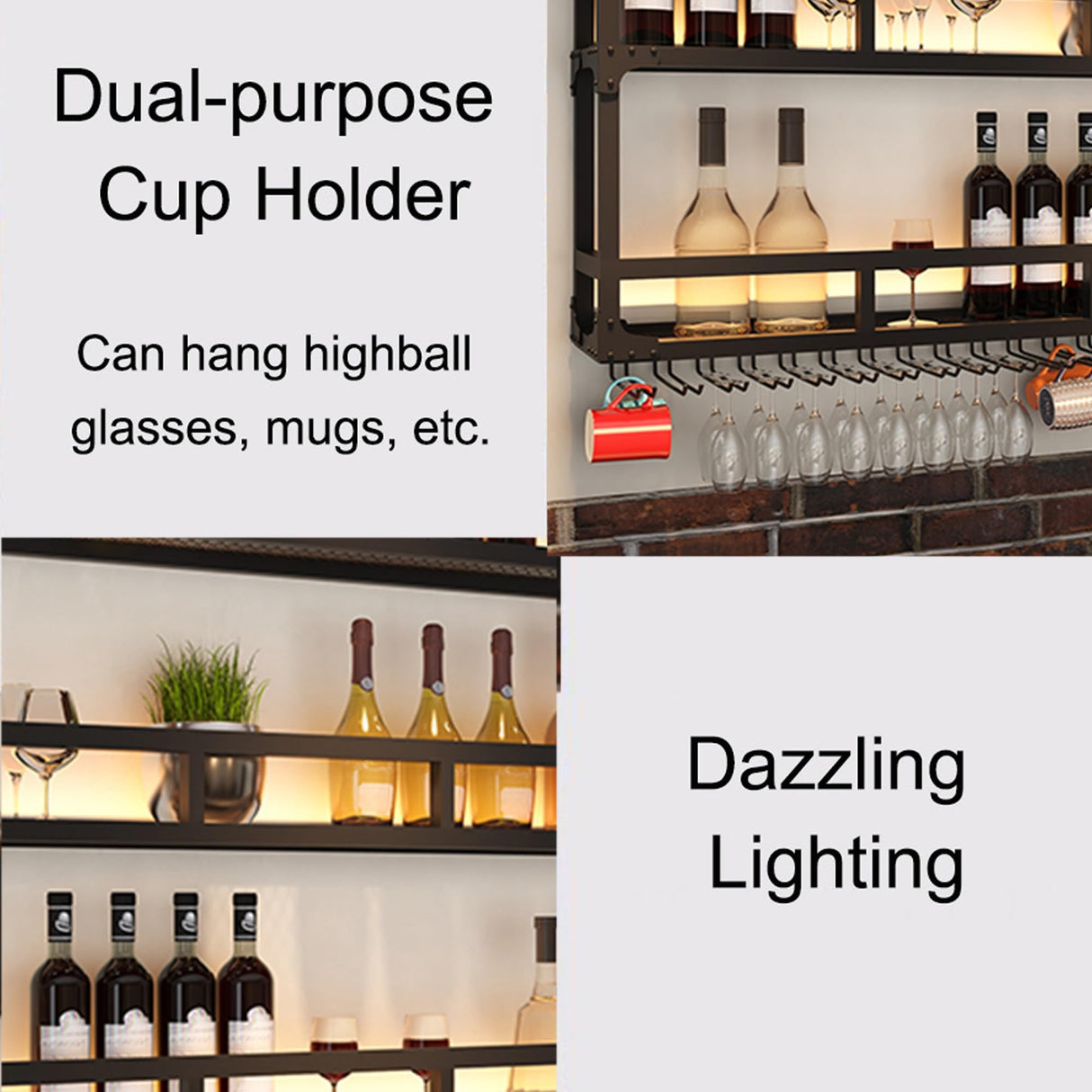Wall Wine Rack Floating Bar Shelves Wall Mounted with LED Light Liquor Bottle Display Shelf with Hanging Wine Glass Rack Kitchen Wall Shelf Liquor Cabinet Bar Stand for Home Bar Cafe Restaurant(Gold,3 WXZXWXZX