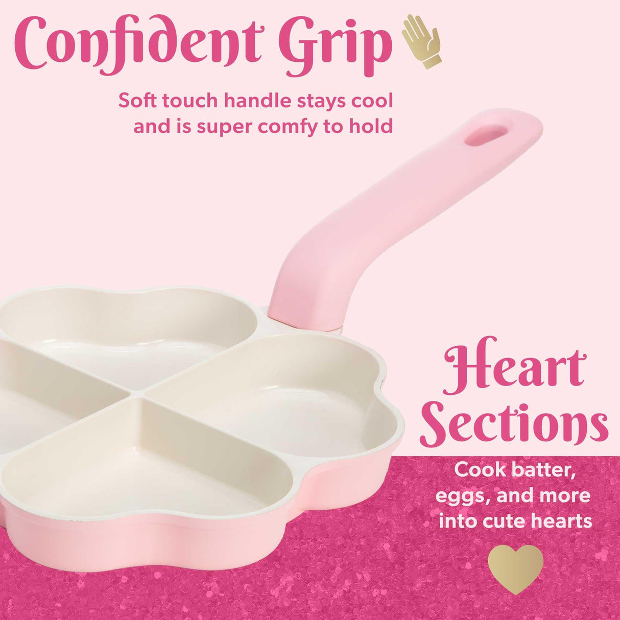 Paris Hilton Heart-Shaped Divided Fry Pan, Ceramic Nonstick Frying Pan with Individual Heart Sections, Dishwasher Safe, 8-Inch, Pink Paris Hilton
