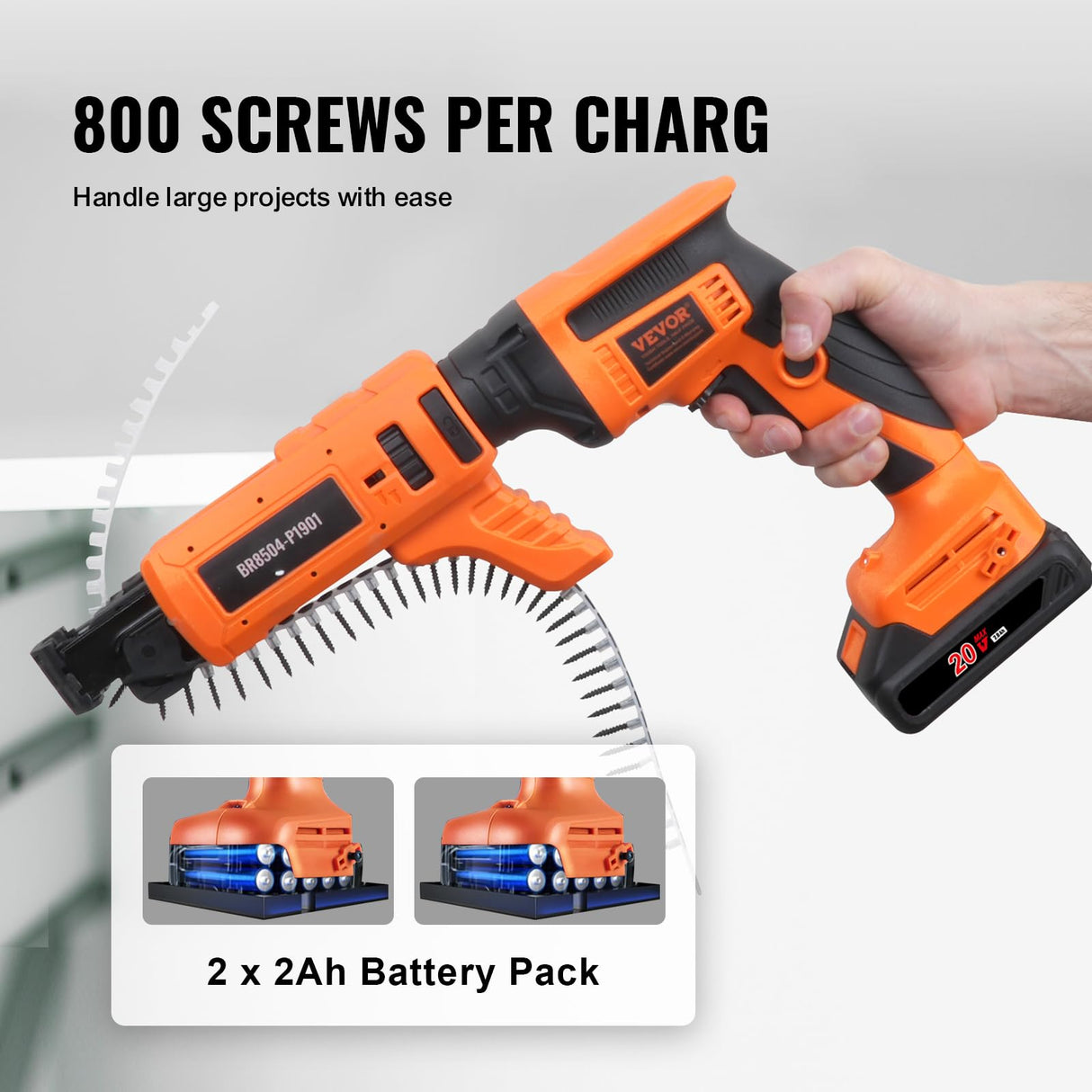 VEVOR Drywall Screw Gun Auto-Feed, 20V Max Collated Drywall Screwgun, 4200RPM Brushless Cordless Drywall Gun Kit with 2 Battery Packs, Charger, Belt Clip, Tool Bag, Screw Length and Depth Adjustable VEVOR