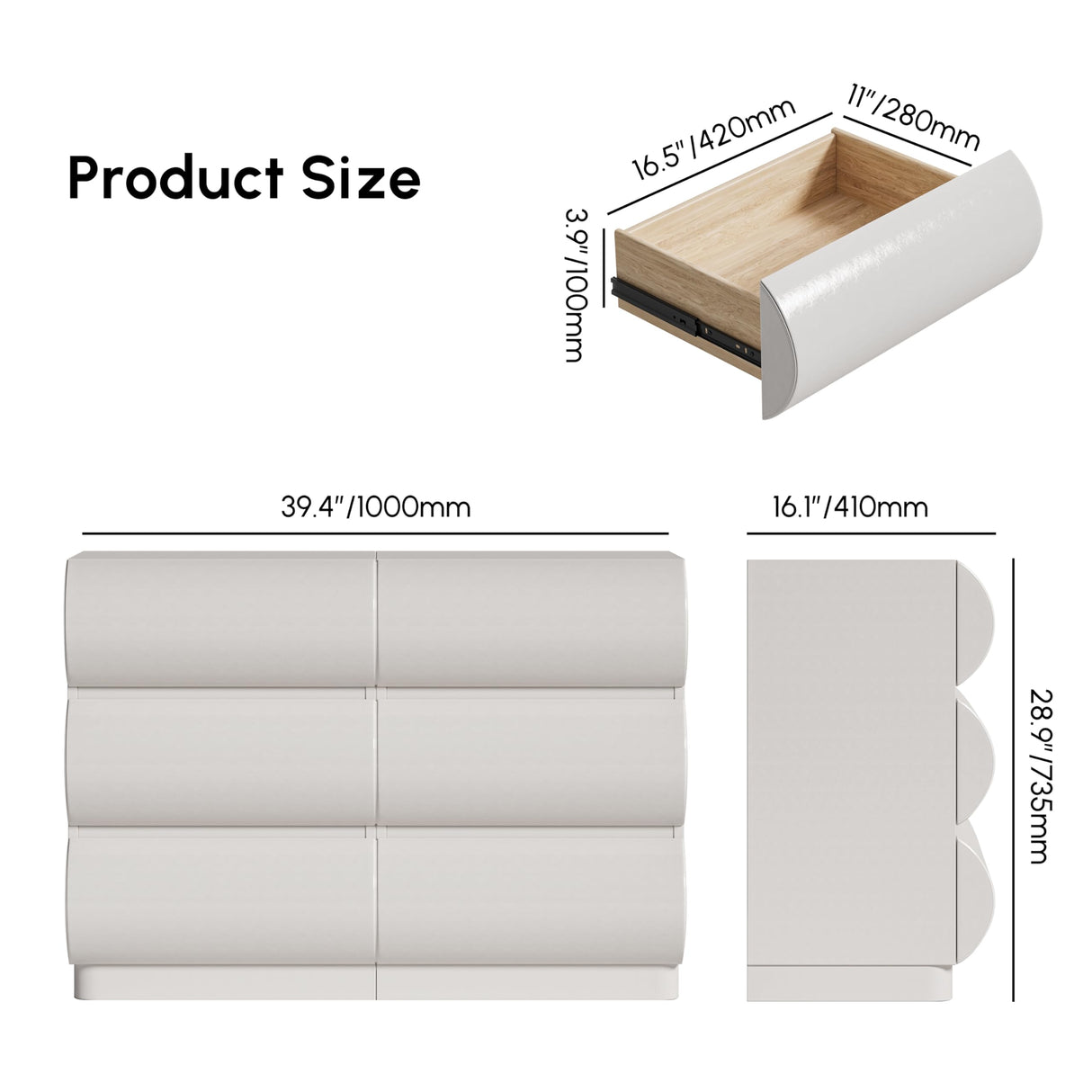 homary Modern 6 Drawers Dresser, 39.4" Wide Faux Leather Chest of Drawers with Modern Design, Storage Dressers Organizer for Bedroom Living Room Hallway, White homary