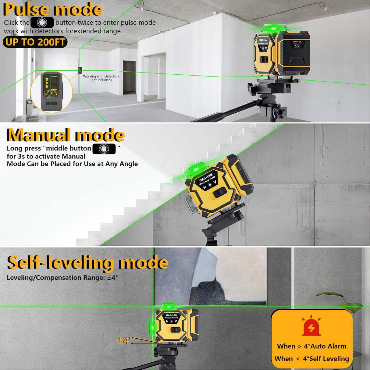 16 Line Laser Level 360 Self Leveling,Professional 4 x 360 Laser Level with Pulse Mode,4D Green Alignment Laser for Construction and Picture Hanging,with 2 Batteries,Magnetic Bracket,Hard Carry Case ENRIPRT
