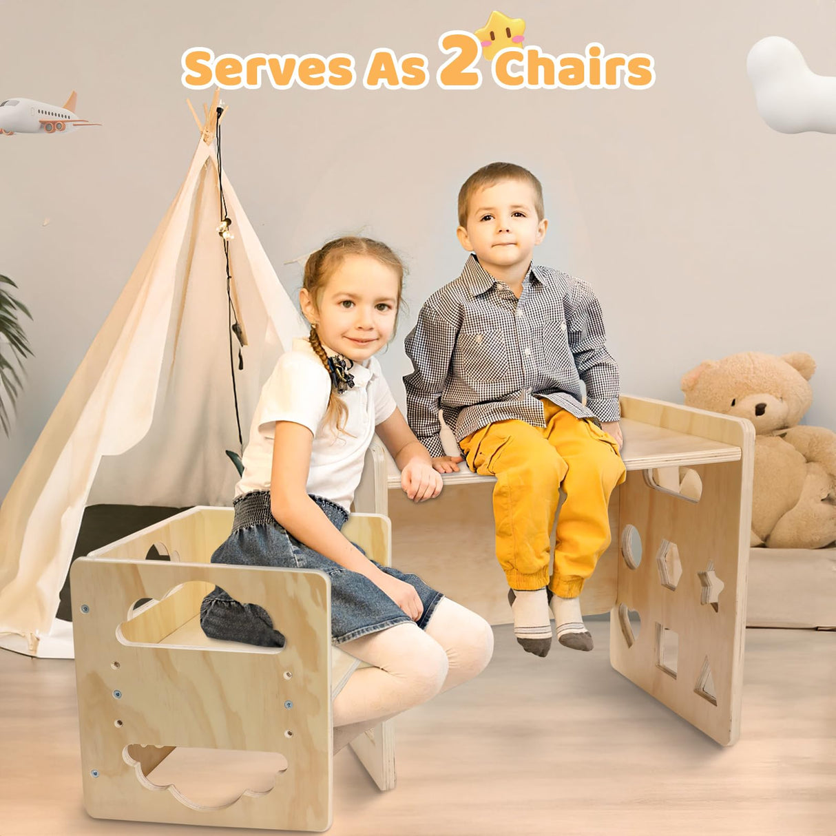 Montessori Weaning Table and Chair Set, Wooden Toddler Table and Chair Set Kids Activity Table Step Stools with Blackboard & 3 Heights Adjustable, 1-3 Age Kids Funiture for Eating Drawing Reading Satisure