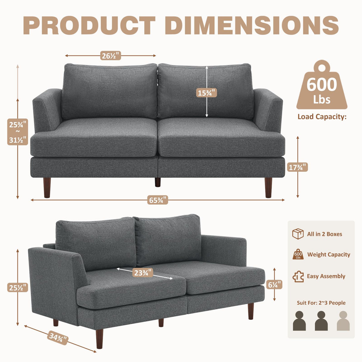 Furnimart 66" Wide Loveseat Sofa, Extra Spacious Seating, Deep Cloud Couch with Removable Cushions, Mid-Century Modern 2-Seater for Living Room & Small Spaces Furnimart