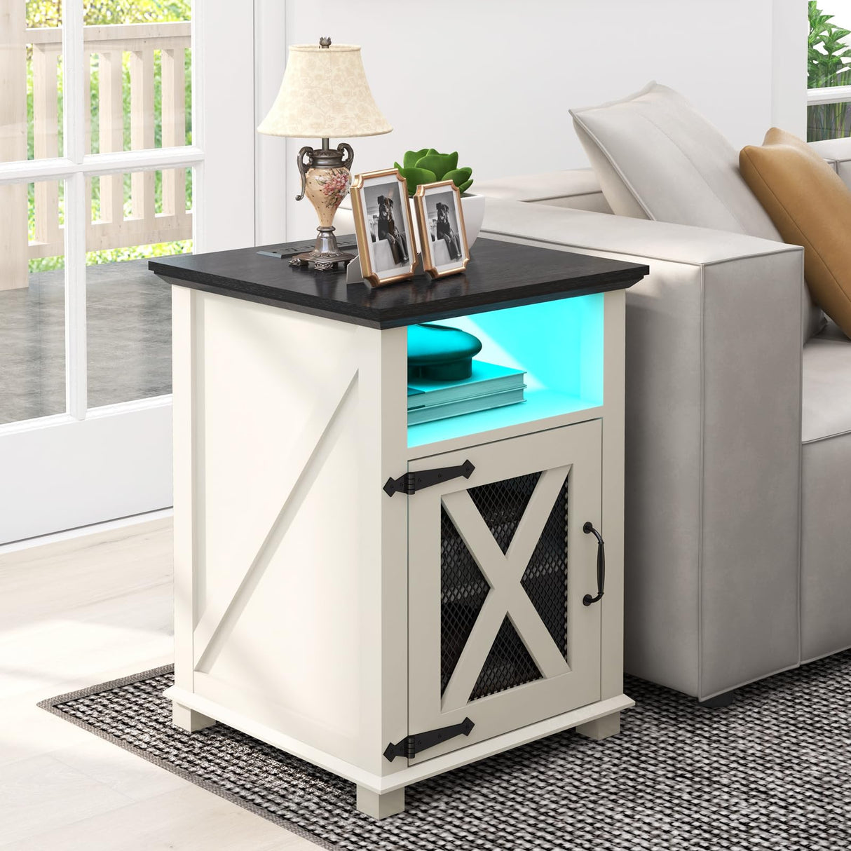 Livofloral Farmhouse End Tables with Charging Station, LED Nightstand with Power Outlets, Bedside Table with Charger Station, White Side Table for Living Room with Storage & Barn Door Livofloral