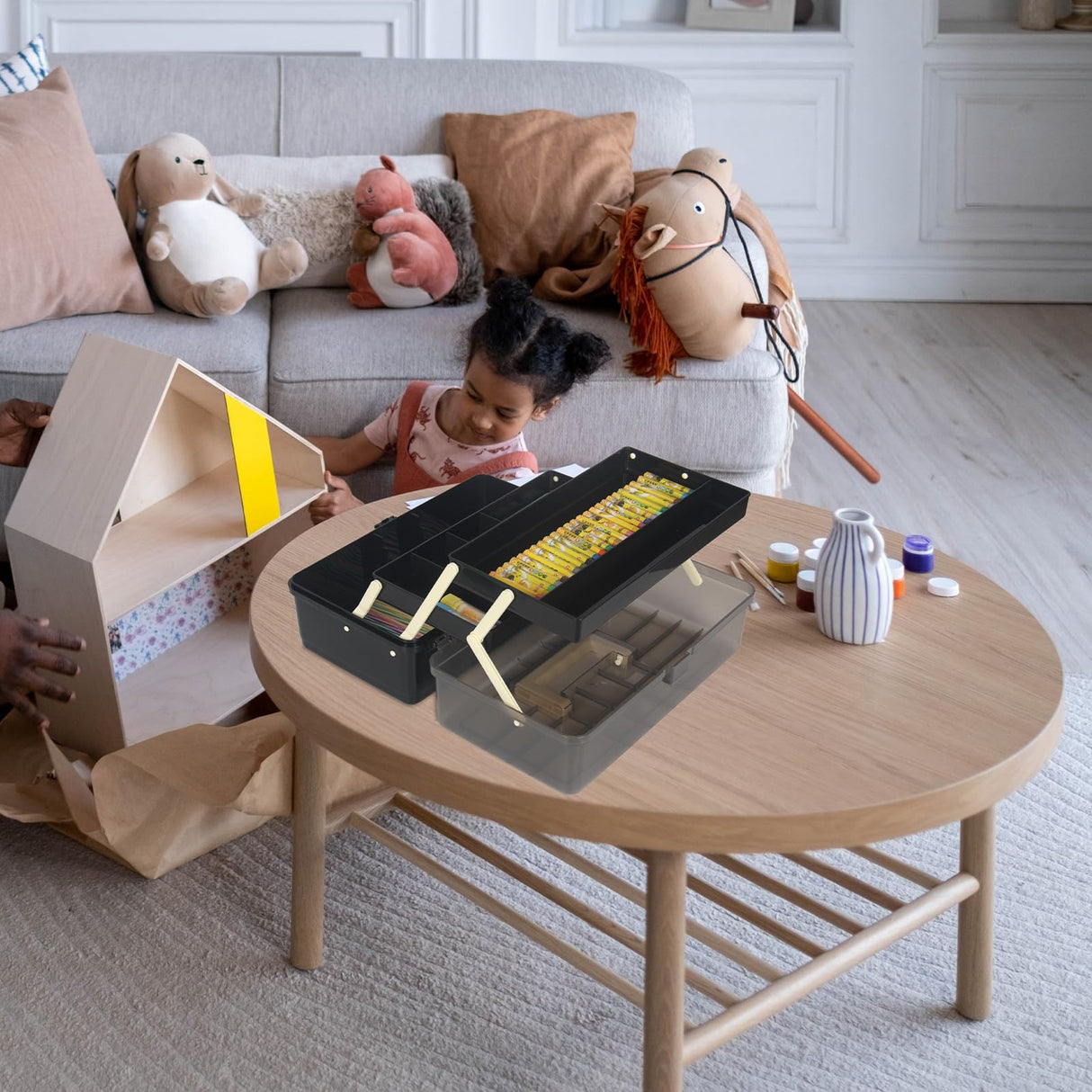 WEWLINE 13-Inch Art Storage Box 3-Layers Plastic Storage Box with Handle Craft Art Bin Portable for Home School Office Travel, Black WEWLINE