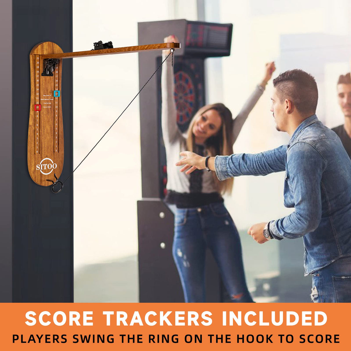 SITOO Ring Toss Game for Adults, Outdoors Games, Wall Mounted Hook and Ring Game with Foldable Arm (Wood) SITOO