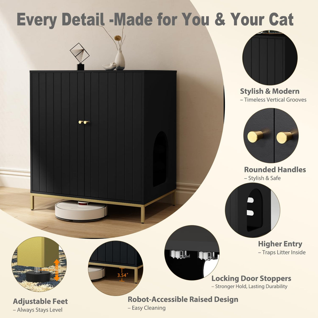 Convend Stylish Cat Litter Box Enclosure, Modern Hidden Litter Box Furniture with Tall Legs, Side Entrance, and Dual Use as End Table for Living Room or Bedroom (Black & Gold) Naisee