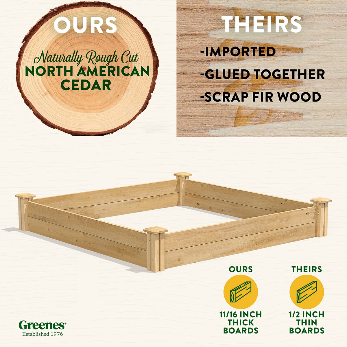 Greenes Fence Original Cedar Raised Garden Bed, 4' x 4' x 7" (3-Pack) - Made in USA with North American Cedar Greenes Fence