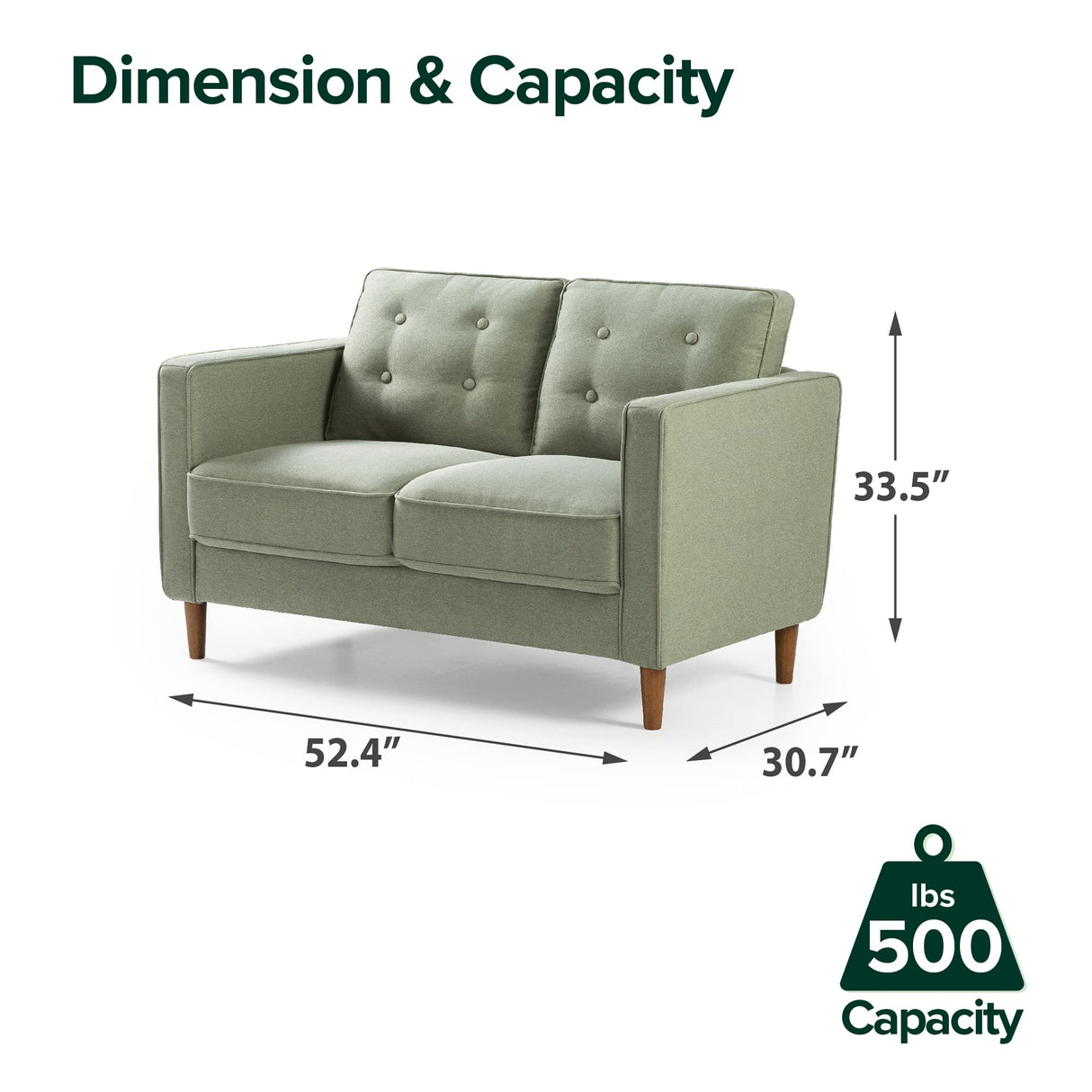 ZINUS Lauren Loveseat, Button Tufted Cushions, Easy, Tool-Free Assembly, Pear Green Zinus