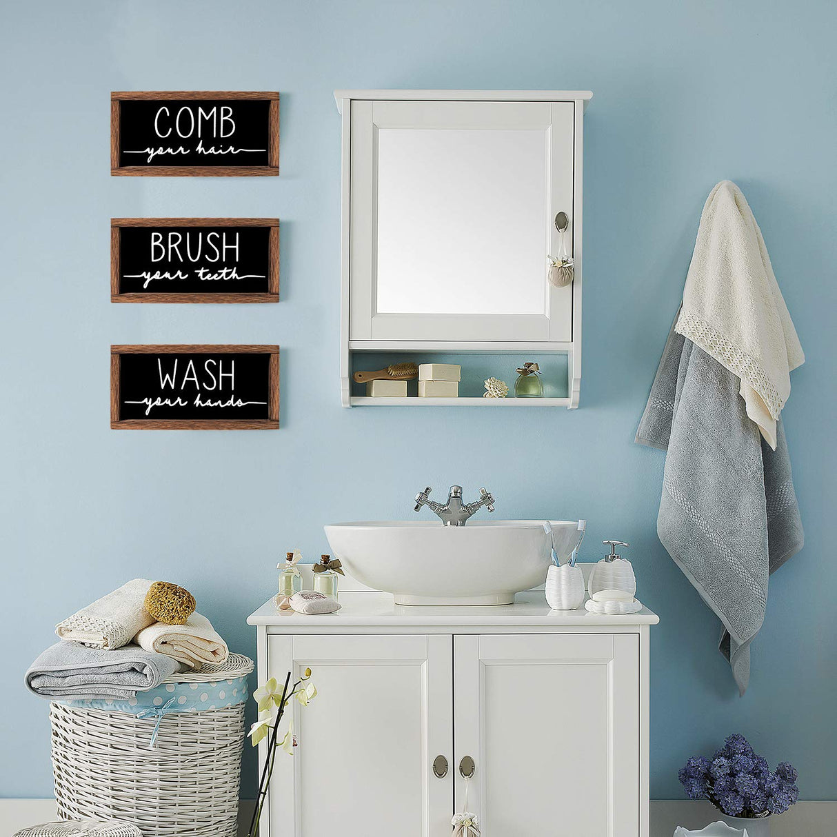 LIBWYS Bathroom Sign & Plaque (Set of 3) Wash Your Hands Brush Your Teeth Comb Your Hair Decorative Rustic Wood Farmhouse Bathroom Wall Decor (Black) LIBWYS