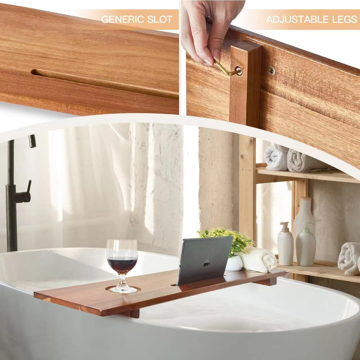 DAOYOUSKY Luxe Premium Acacia Wood Bathtub Tray Caddy with Adjustable Legs, 35x9 Inch Large Wooden Bath Tub Board, Anti-Tipping Bath Shelf Over Tub, Bathtub Accessories DAOYOUSKY