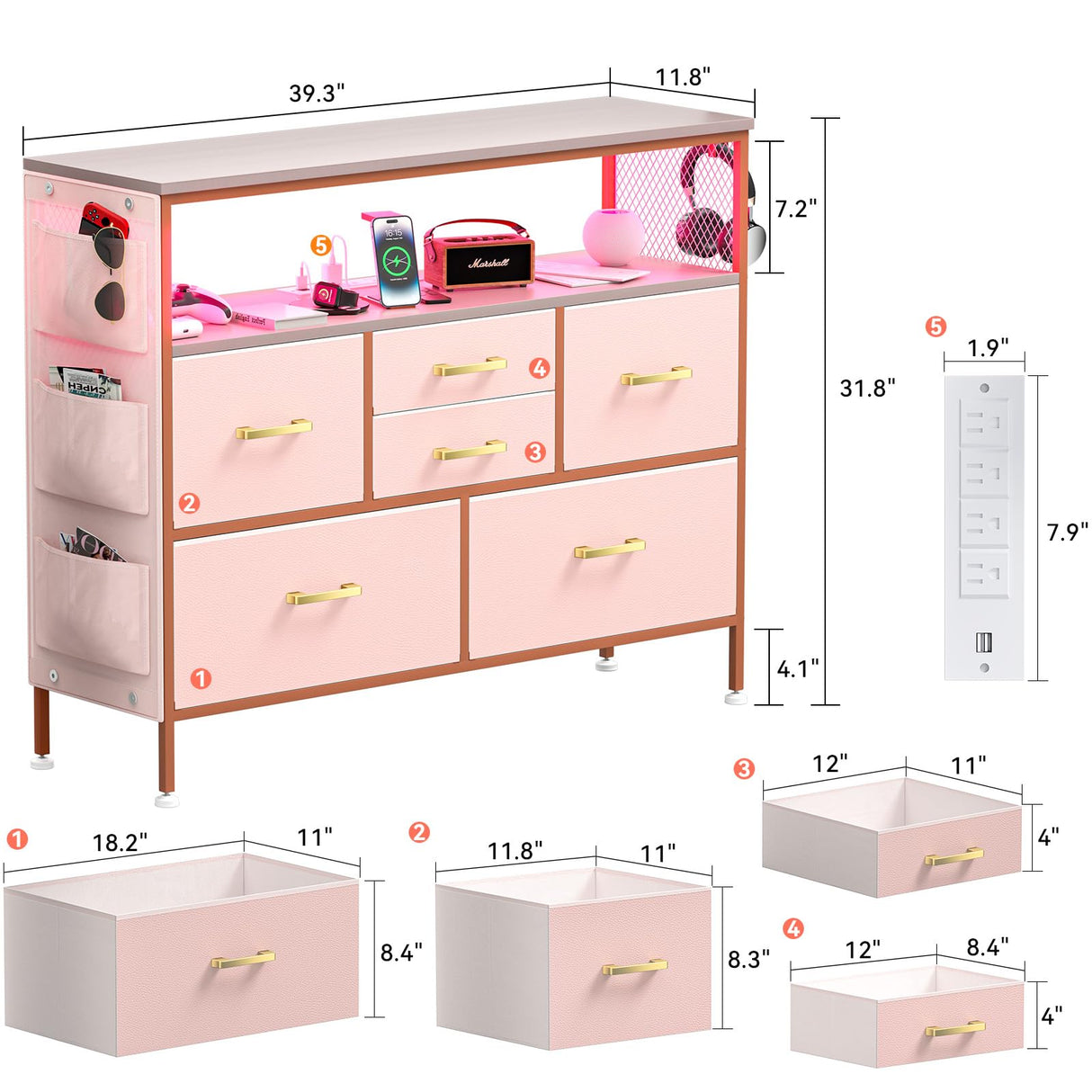 YILQQPER Dresser for Bedroom TV Stand with Power Outlets and LED Light, 6 Drawers Dresser with Side Pockets & Hooks, Wide Dresser with Shelves for 45" TV, Fabric Chest of Drawers with PU Finish, Pink YILQQPER