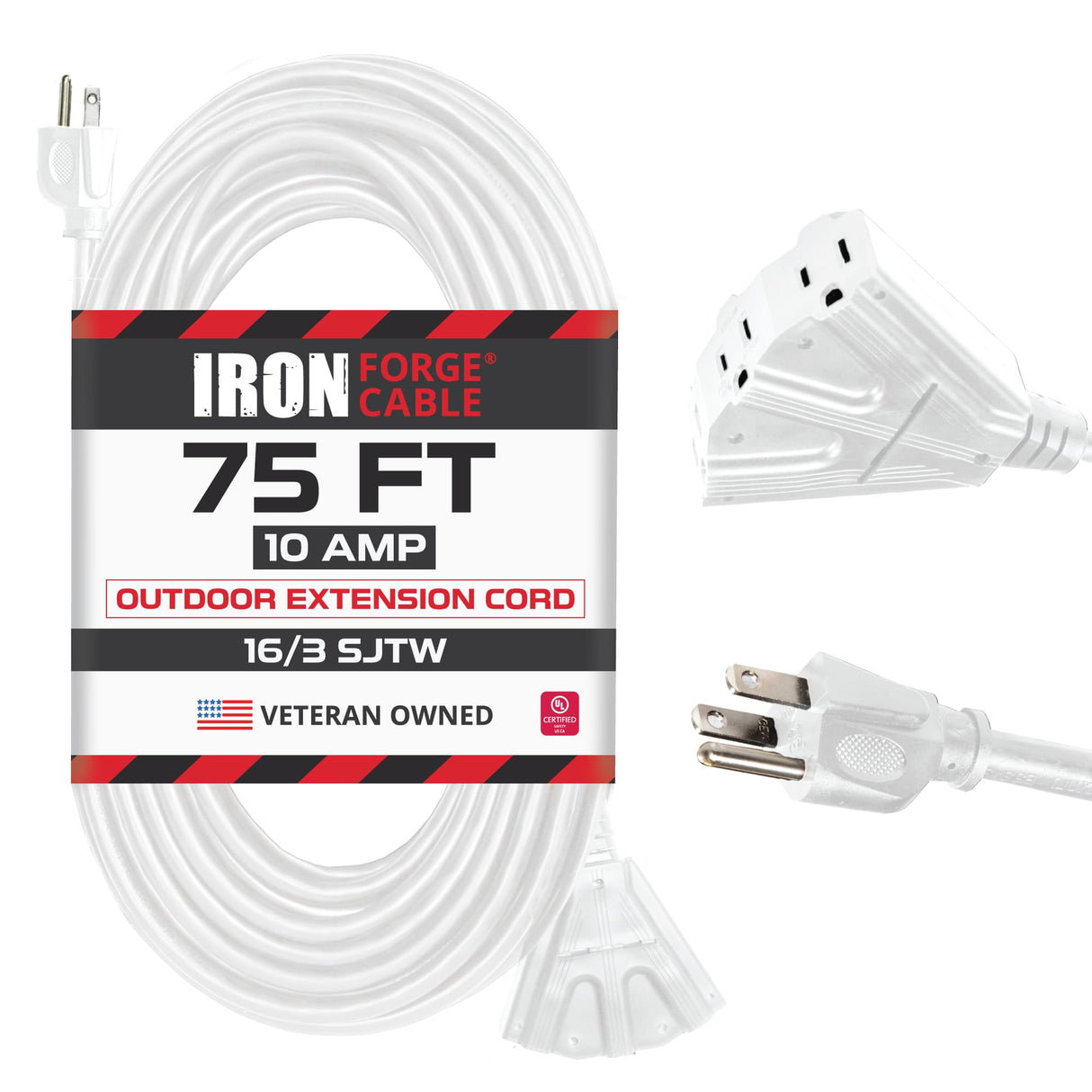 Iron Forge Cable 3 Outlet White Extension Cord 75 ft, 16/3 SJTW Indoor & Outdoor Heavy Duty 3 Prong Extension Cord with Multiple Outlets, Weatherproof Power Cable for Outside, Lawn, Home & Office IRON FORGE CABLE