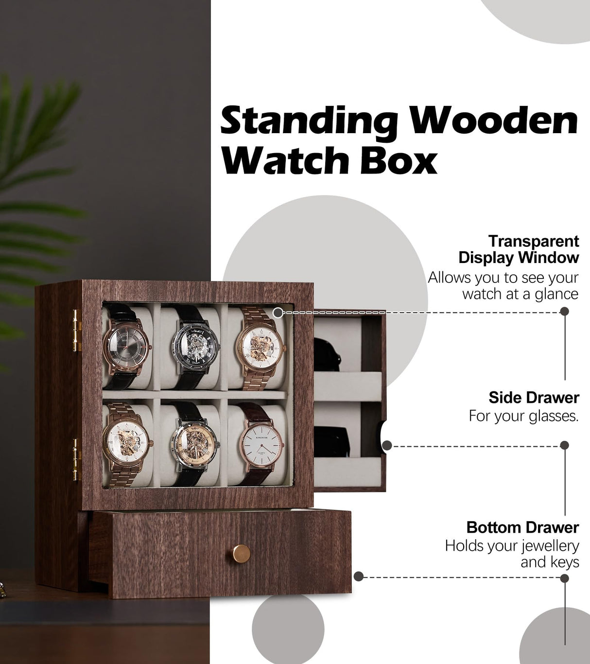 Homde Watch Box Wooden Display: Large Wood Storage for Men's Nightstand - Timeless Home Organizer (M Size) Homde