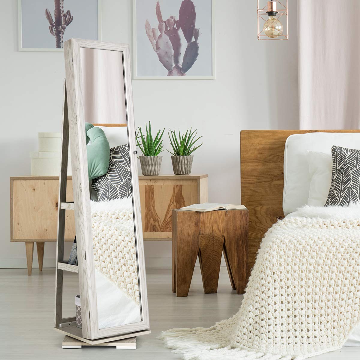 CHARMAID 360° Swivel Jewelry Armoire with Higher Full Length Mirror & Inside Makeup Mirror, Standing Lockable Jewelry Cabinet Organizer, Large Capacity, Back Storage Shelves (Grayish White) CHARMAID