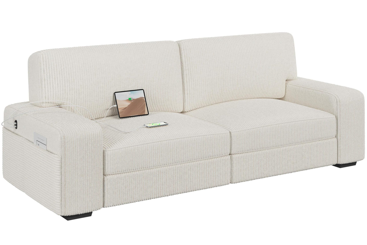 Yaheetech 83.5" W Modern Sofa Couch 2 Seater Corduroy Fabric Sofa with USB Charging Ports & Side Storage Pockets for Living Room Apartment, Ivory Yaheetech