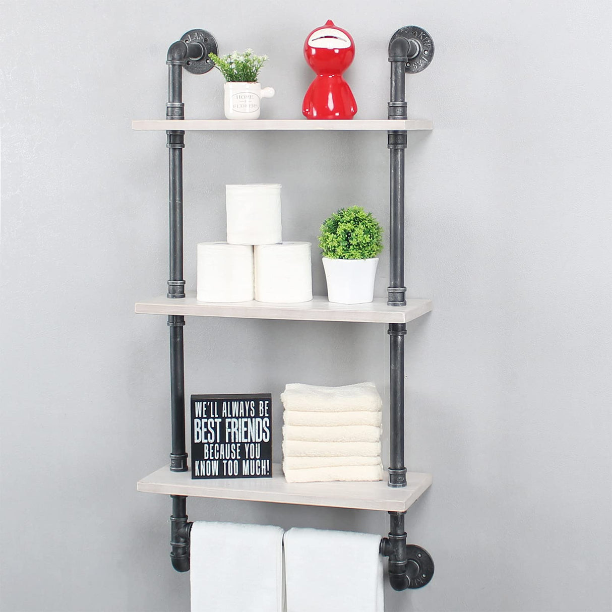 Industrial Pipe Shelf Bathroom Shelves Wall Mounted,19.6in Rustic Wood Shelf with Towel Bar,3 Tier Farmhouse Towel Rack Over Toilet,Pipe Shelving Floating Shelves Towel Holder,Retro White MBQQ