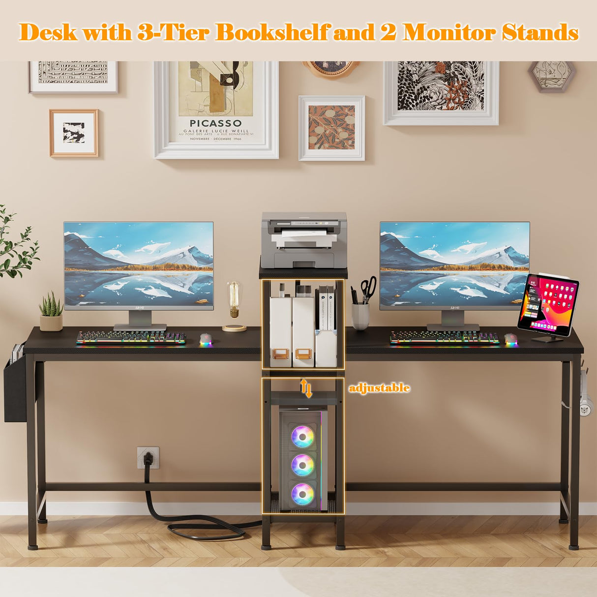 Furologee Double Desk with Power Outlets, 71 Inch Computer Desk with Storage Bag and Headphone Hooks, Gaming Desk Study Writing Table for Home Office, Black Furologee