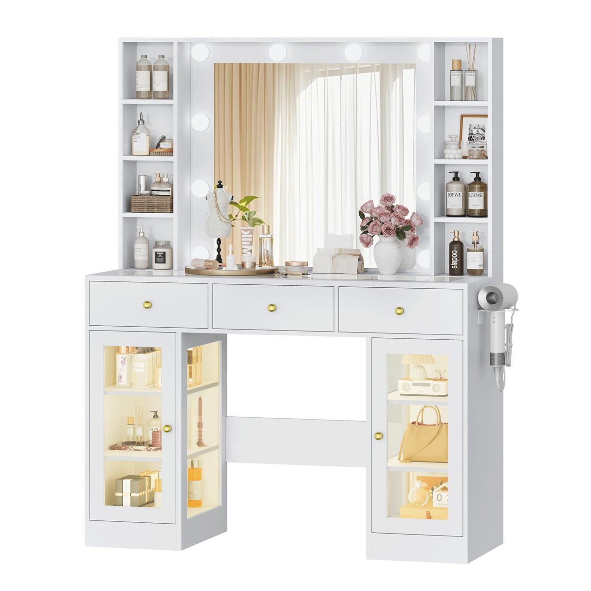Wodeer Makeup Vanity Desk with Mirror and Lights, White Vanity with Glass Top, LED Lights & Power Outlet, 3 Drawers & 2 RGB Glass Cabinets, Adjustable Lighted Dressing Table for Women & Girls Bedroom Wodeer
