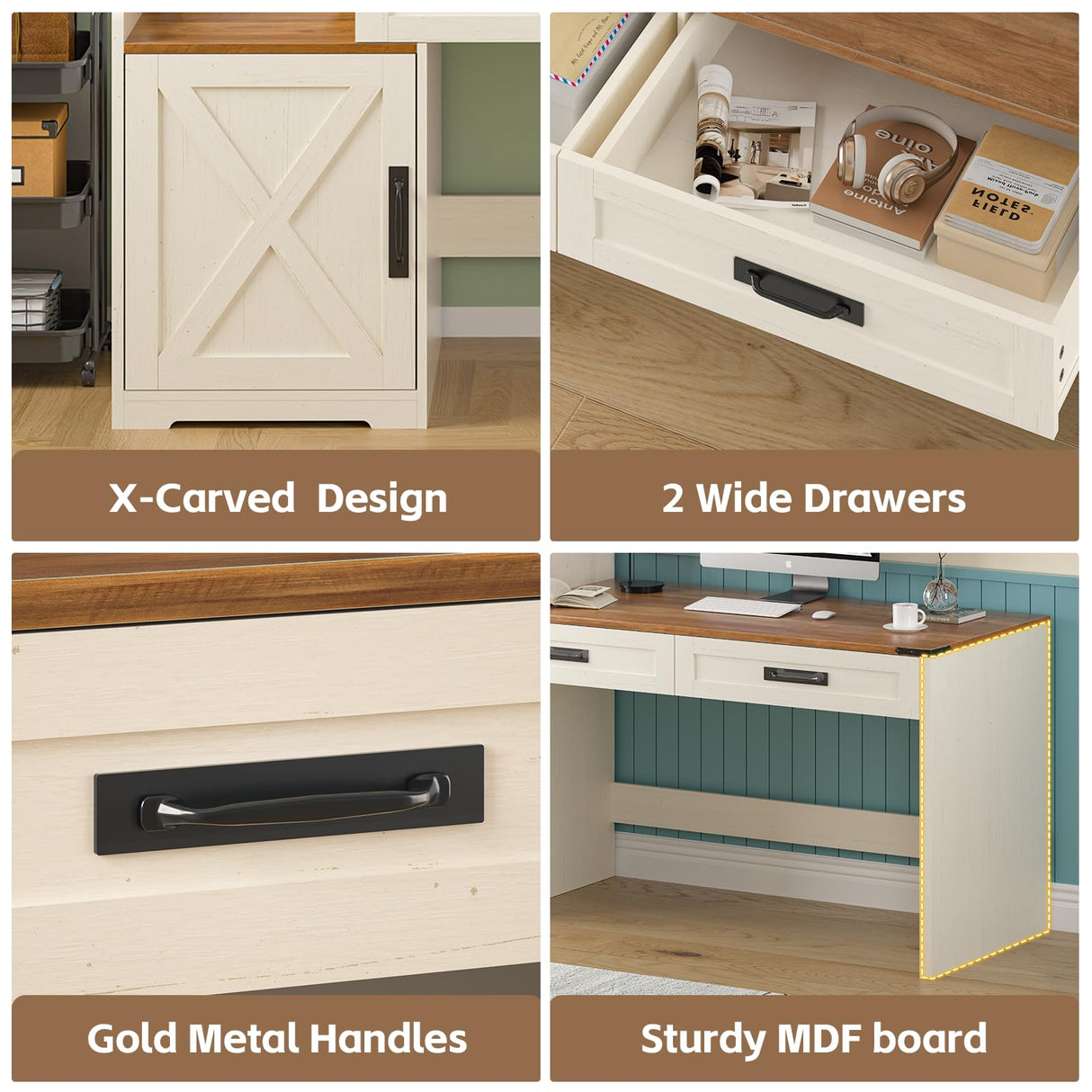 YOMILUVE Farmhouse Computer Desk with Drawers & Shelves, 60'' Home Office Desk with Bookshelf, Vanity Desk Writing Study Table with Storage, Antique White YOMILUVE