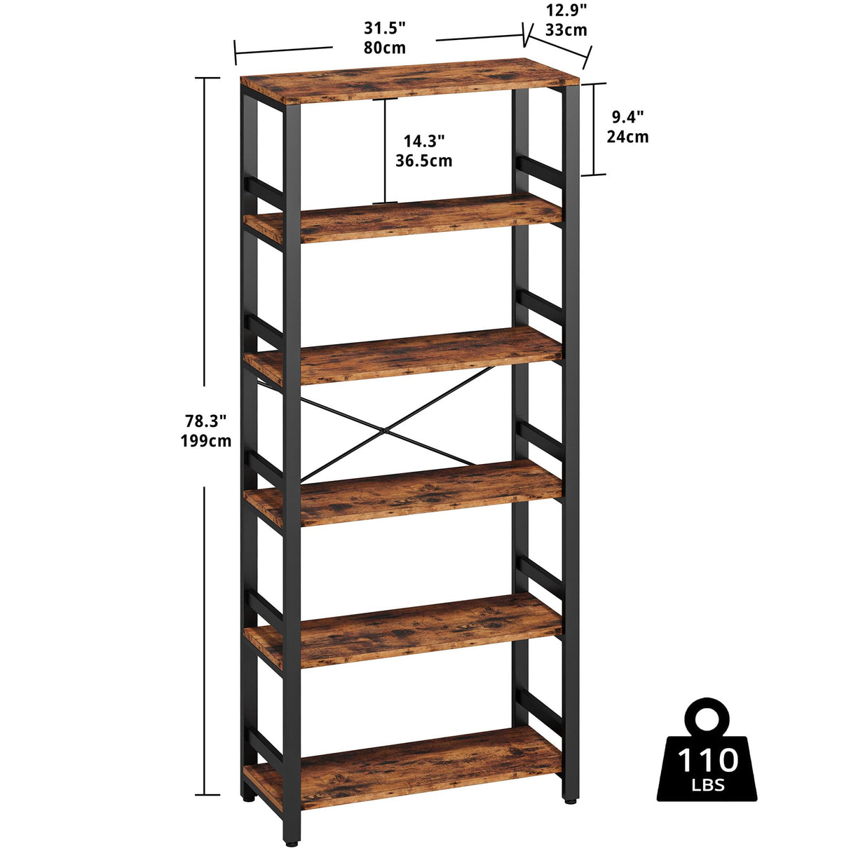 IRONCK Bookshelf, 31.5in Wide Shelf 6 Tier Bookcase, 110lbs/shelf Vintage Industrial Style Bookshelves for Bedroom, Living Room and Home Office, Vintage Brown IRONCK