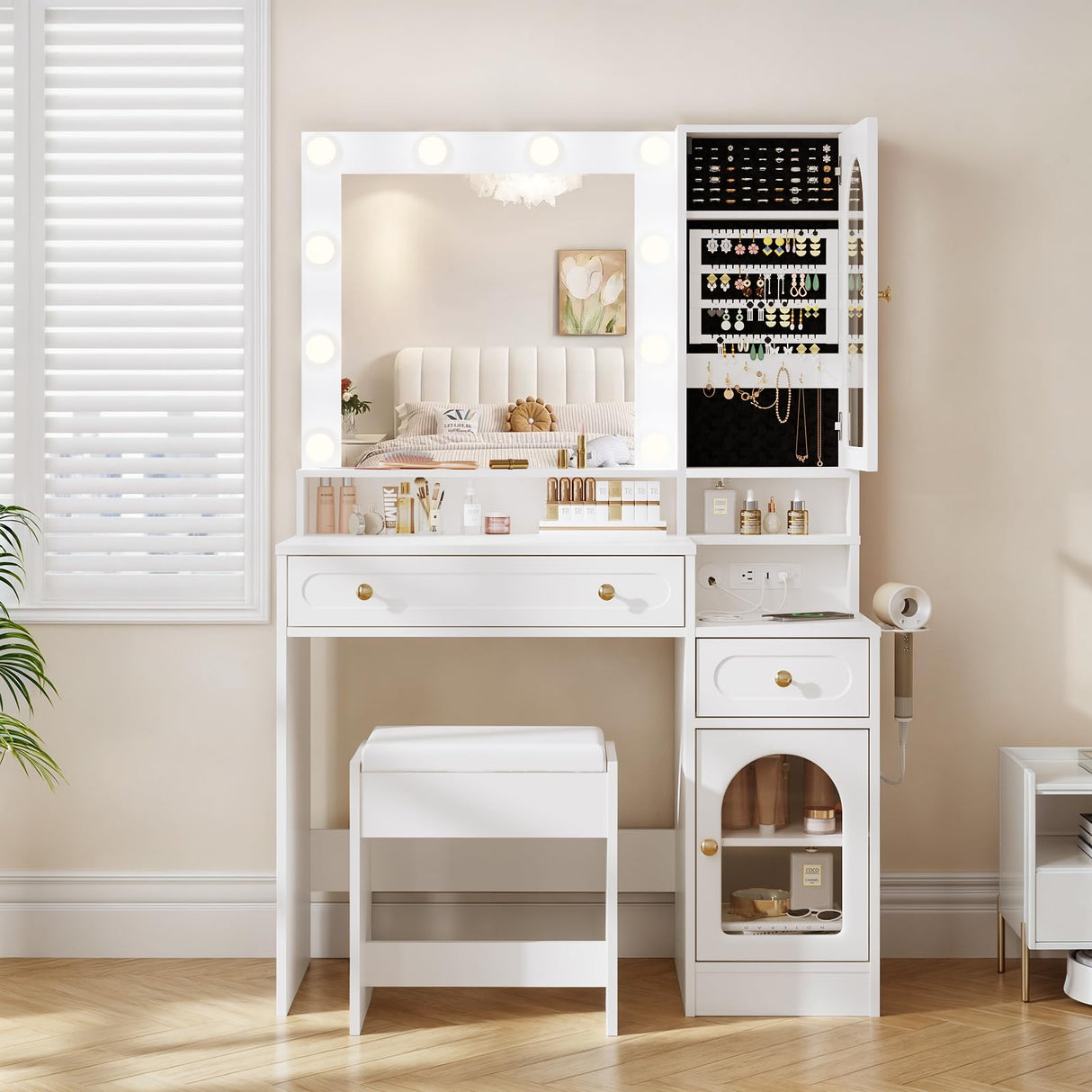 Mauqvit Vanity Desk with Mirror and Light,Vanity Desk with 2 Large Drawers, 2 Large Storage,Charging Station and 10 Lights 3 Lighting Modes Adjustable Brightness Dresser, White Maupvit