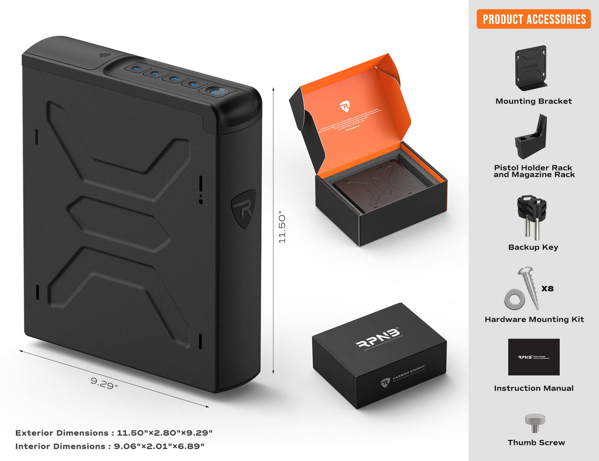 RPNB Gun Safe,Mounted Biometric Nightstand Handgun Safe with Quick Access Sliding Door, Pistol Safes for Wall Bedside Desk Vehicle with the Fingerprint, Keypad, Pistol Holder,Carbon Knight Series RPNB