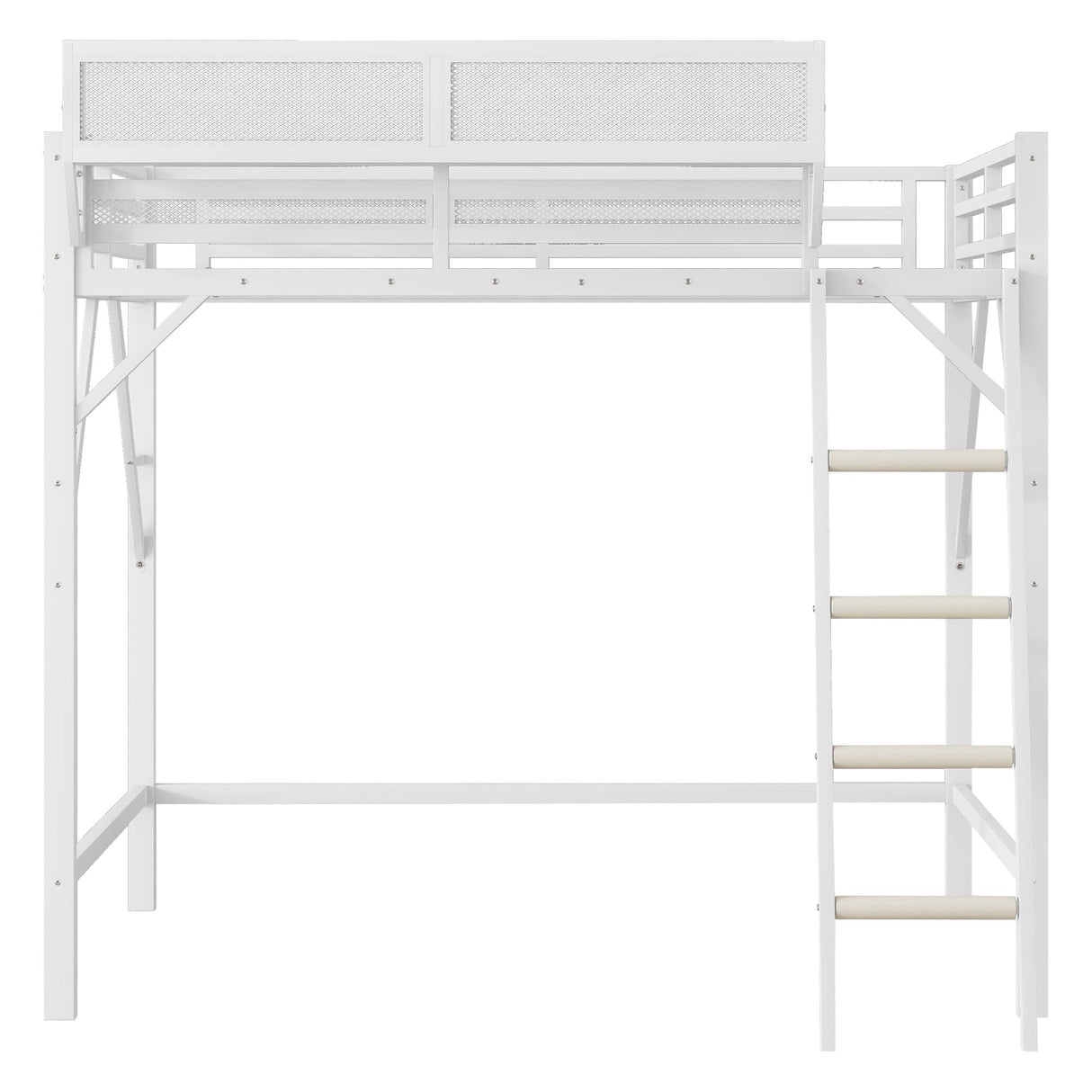 KEIKI Full Size Metal Loft Bed Frame with Ladder and Built-in Storage Shelves, for Teens, Modern Style Loft Bed with Solid Slats, Guardrail, No Box Spring Required, Easy Assembly, for Bedroom, White KEIKI