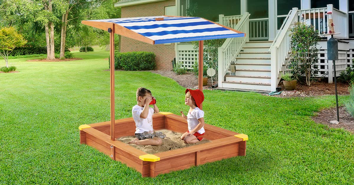 Kids Sandbox with Cover, 46" Wooden Sand Box w/Adjustable Canopy, Large Outdoor Cedar Sandpit for Backyard Play Mederra