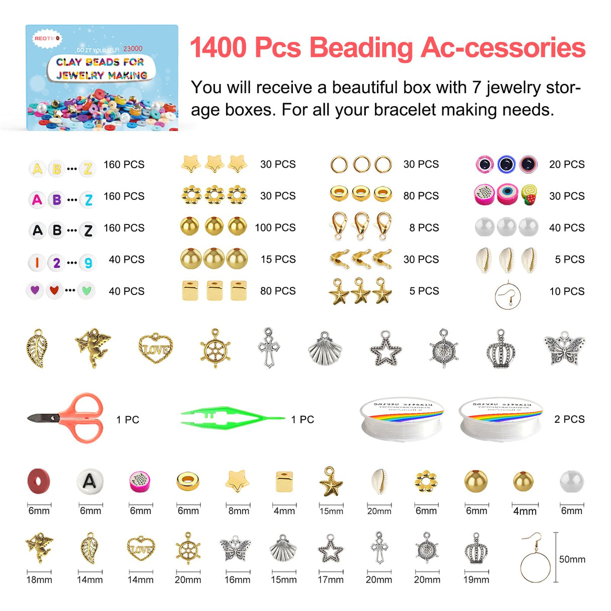 Redtwo 23000 Pcs Clay Beads Bracelet Making Kit 144 Colors 7 Boxes Flat Polymer Heishi Beads Set for Friendship Jewelry Making with Pendant Charms Crafts Gifts for Girls Ages 6-12 Kids Adults Redtwo