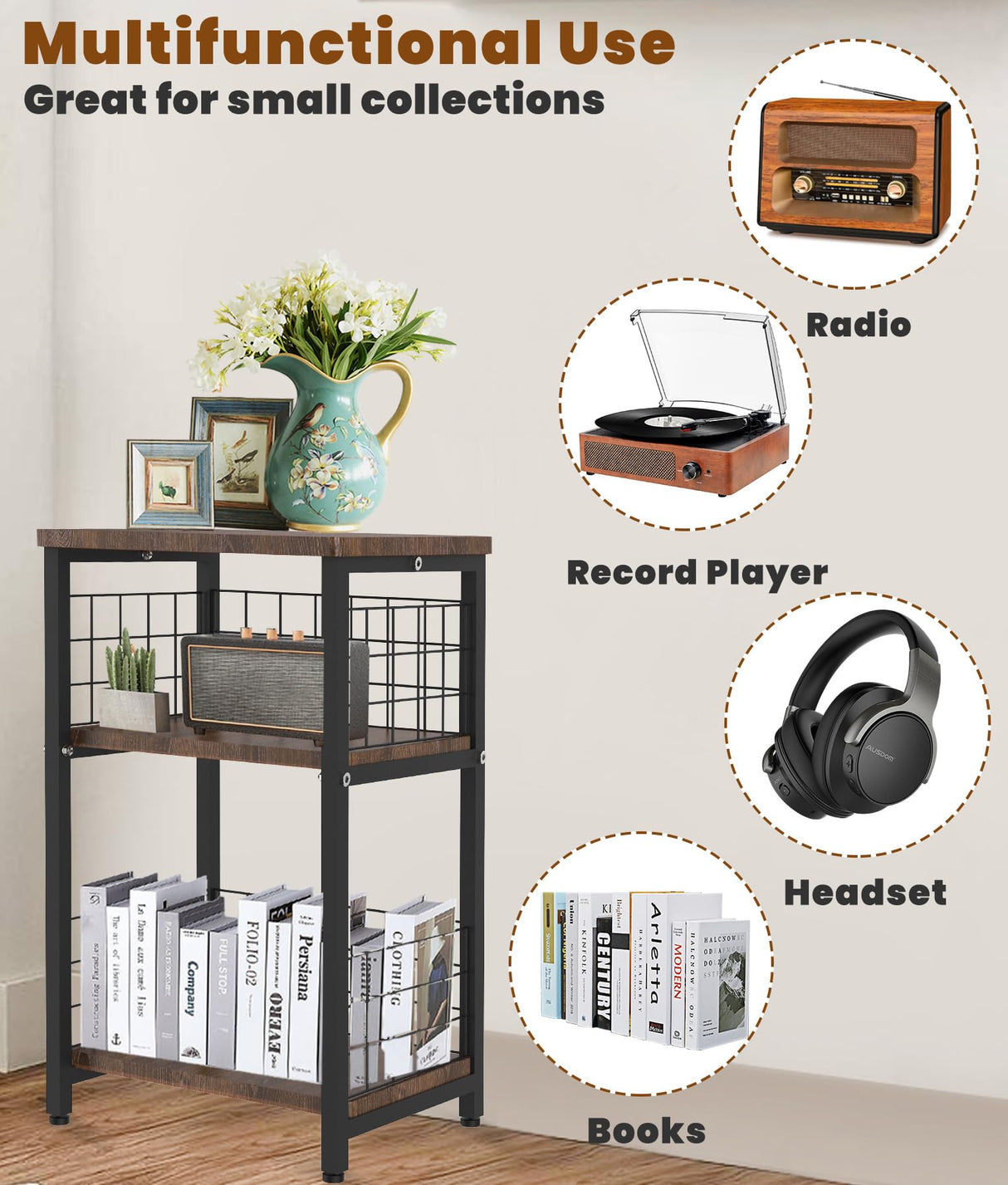 Tuohours Record Player Stand, 3 Tier End Table with Double Layer Iron Wire Mesh Turntable Stand Vinyl Record Table Storage Up to 100 Albums, Nightstand Small Side Table for Living Room Bedroom, Black Tuohours