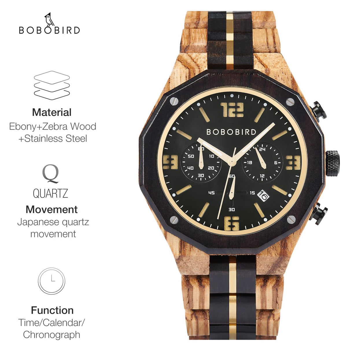 BOBO BIRD Men's Wooden Watch Sport Fashion Wristwatch Casual Chronograph Quartz Watches Men's Wood Stainless Steel Strap Watch with Date Display (Black) BOBO BIRD