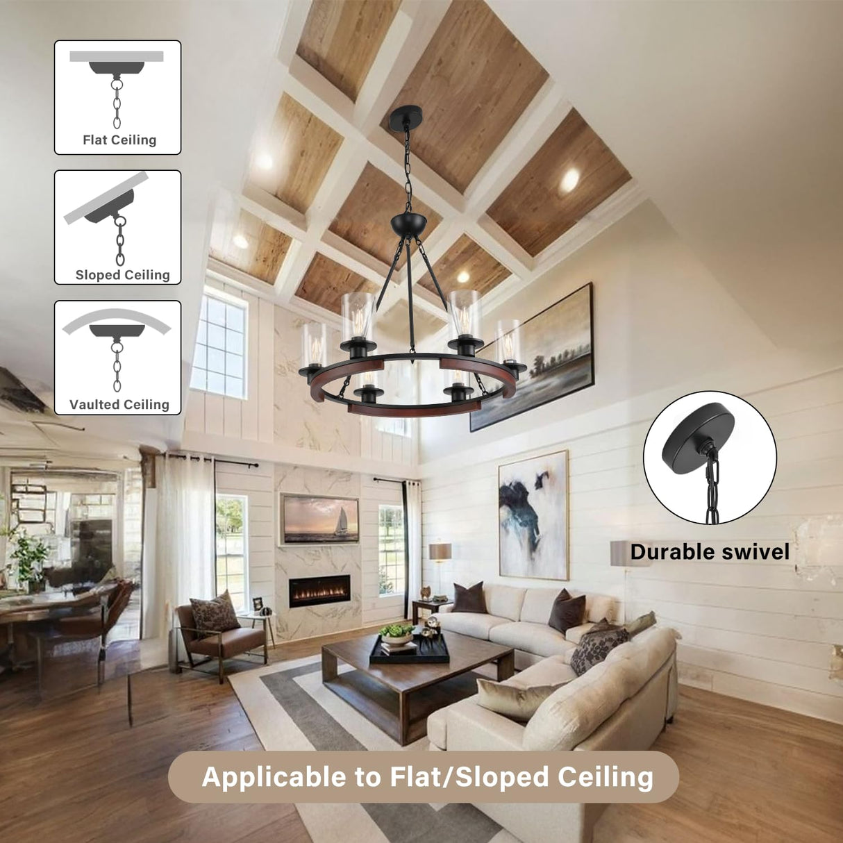 28 Inch Wagon Wheel Chandelier with Glass Shade, 6-Light Farmhouse Wood Large Round Chandeliers for Dining Room Pendant Light Fixture for Living Room Bedroom Kitchen Island Foyer Entryway GRUSTRUST