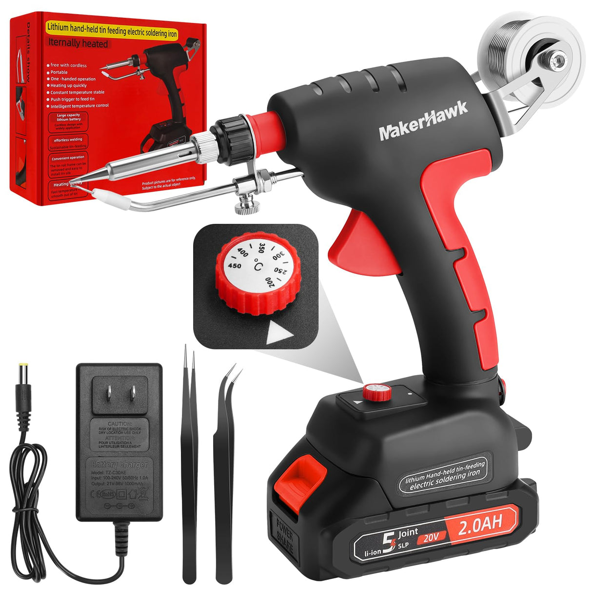 Cordless Soldering Iron Welding Kit - 60W 200-450℃ Adjustable Temperature One-handed Welding Iron With 20V Battery Automatic Soldering Gun Solder Tools for Electronic Repair Soldering Circuit Board MakerHawk