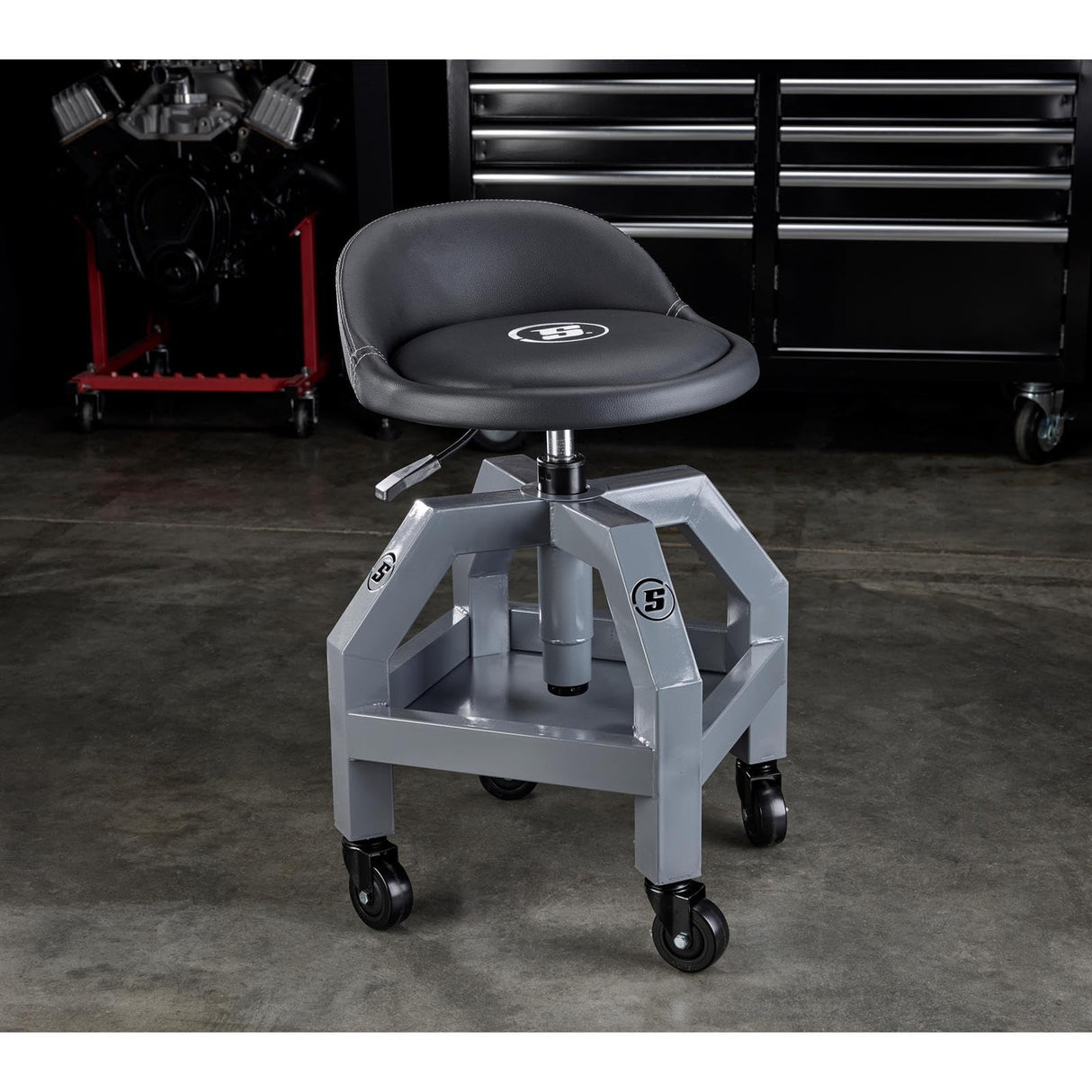 Heavy Duty Adjustable Height Rolling Shop Stool With Tool Tray Speedway Motors