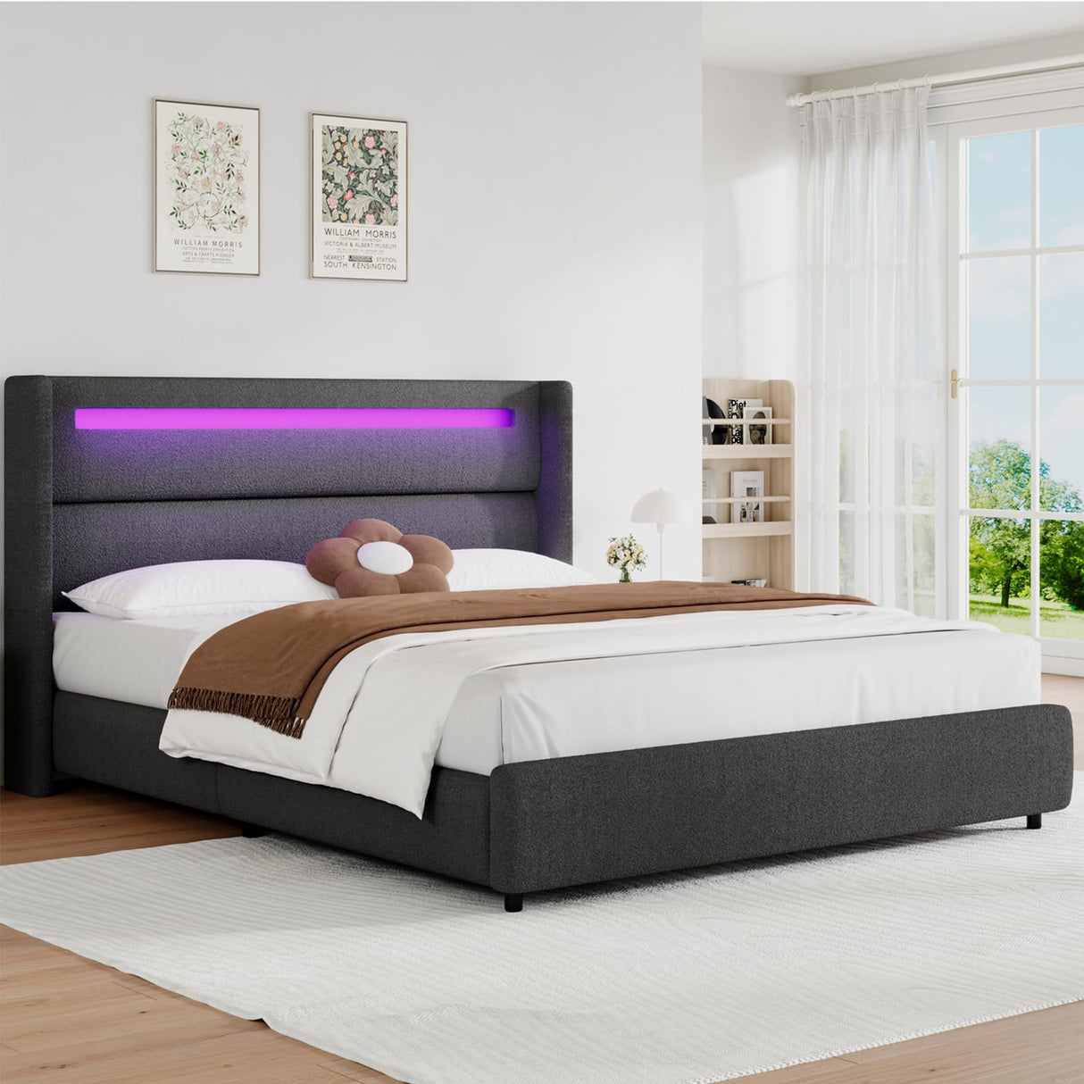 HOMBCK Full Size Bed Frame with Headboard and LED Lights, Boucle Upholstered Platform Bed with Wingback Design, Modern Soft Bed Frame, No Box Spring Needed, Easy Assembly, Grey HOMBCK