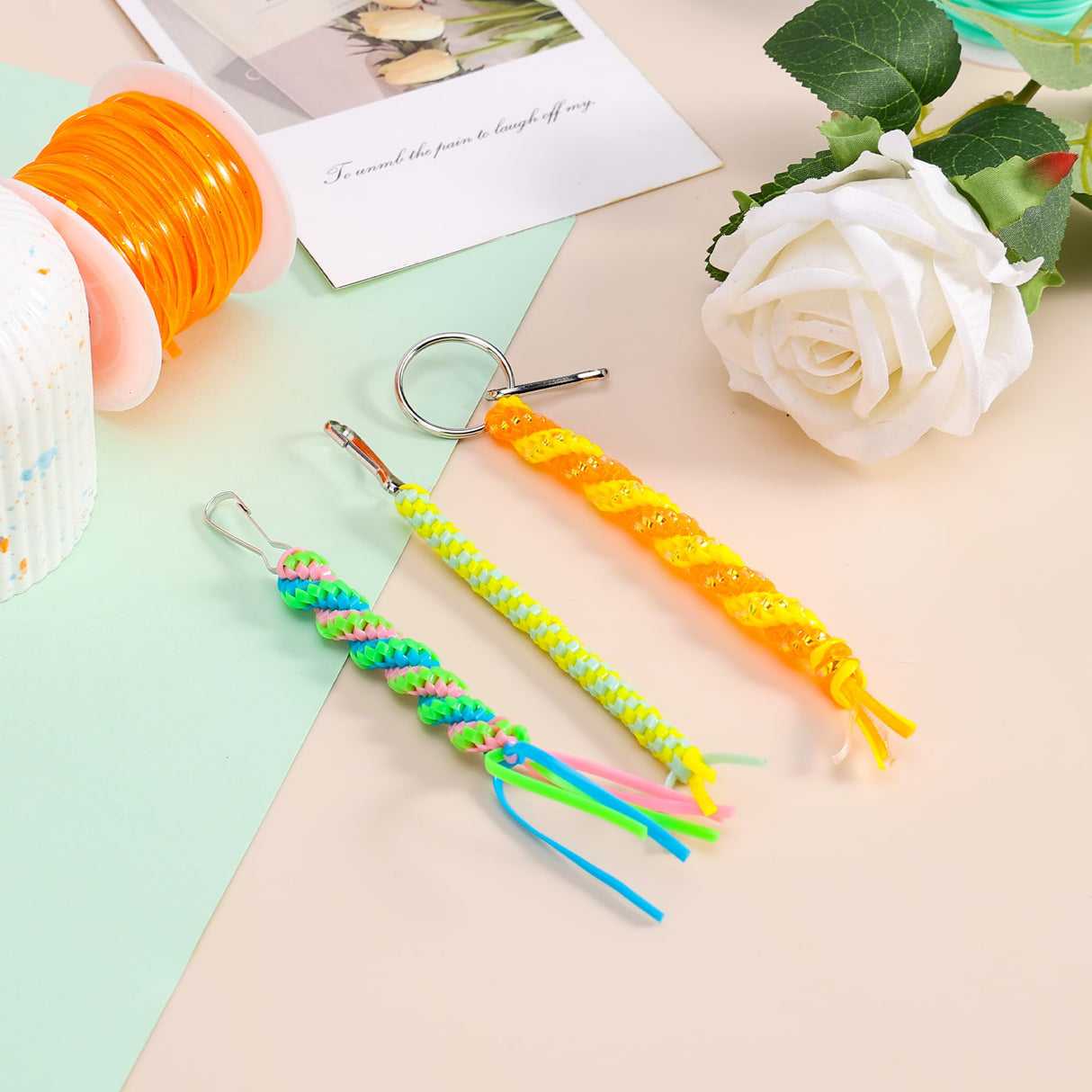 PP OPOUNT Solid/Laser/Glitter Plastic Lanyard String Kit, 15 Rolls Boondoggle String with 60 Keychain Accessories and Instructions, Gimp String for DIY Bracelets, Lanyard (886 Feet) PP OPOUNT